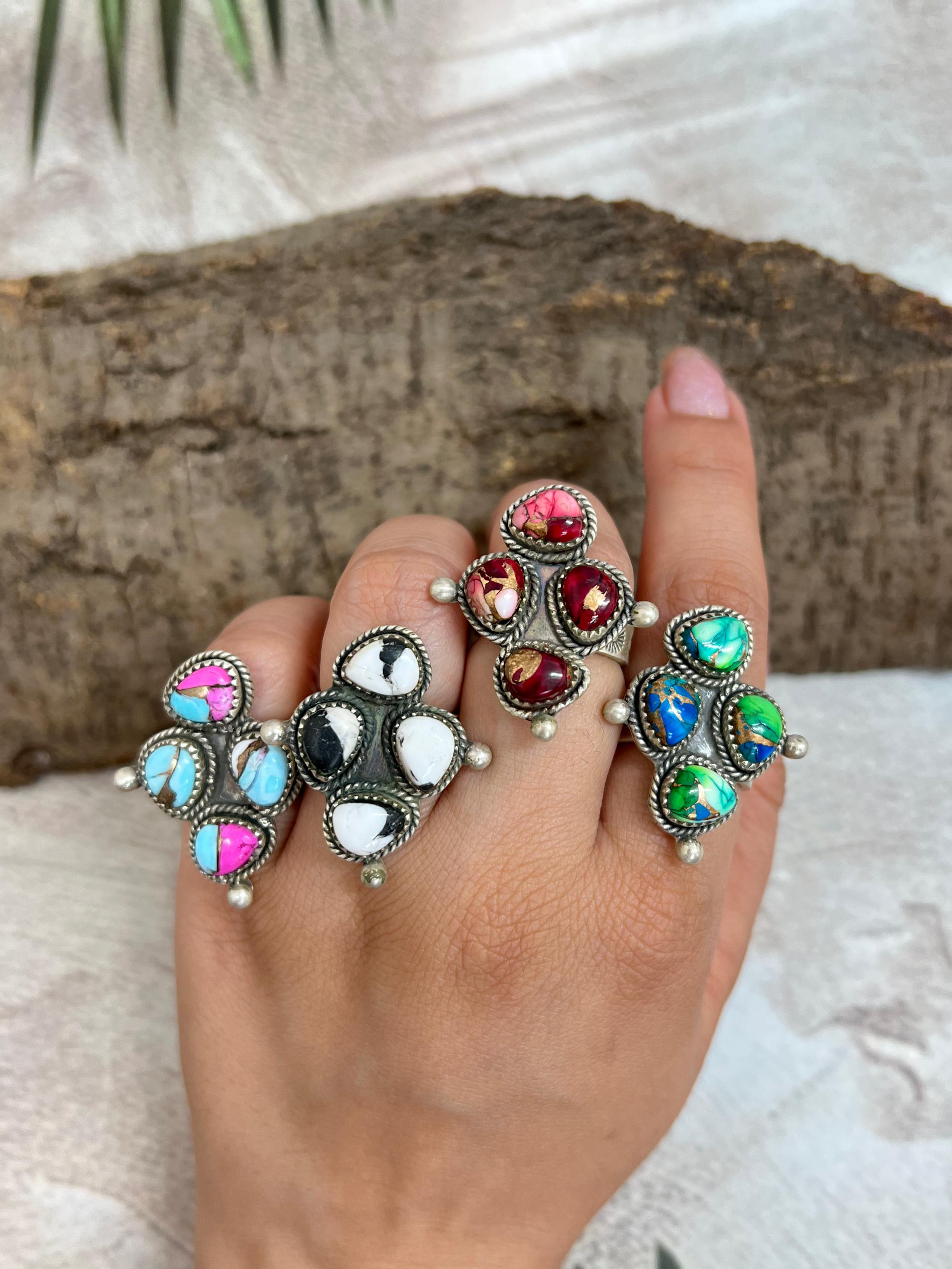 Handmade Sterling Silver Peacock Dahlia, Cotton Candy, Dahlia Rose, White Buffalo Turquoise Adjustable Ring, Signed Nizhoni