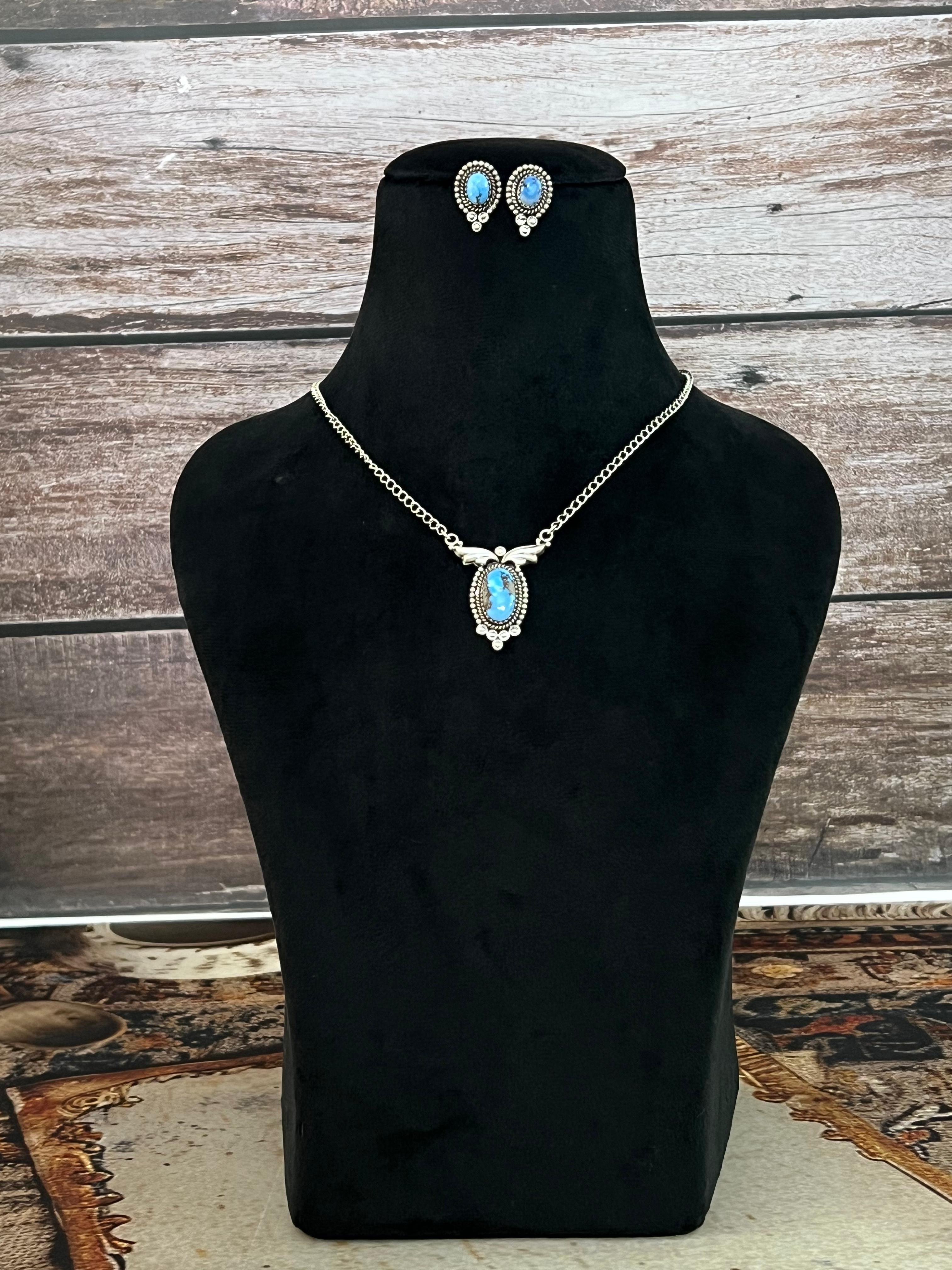 Handmade Sterling Silver Golden Hills Turquoise Necklace Earrings Set with Signed Nizhoni