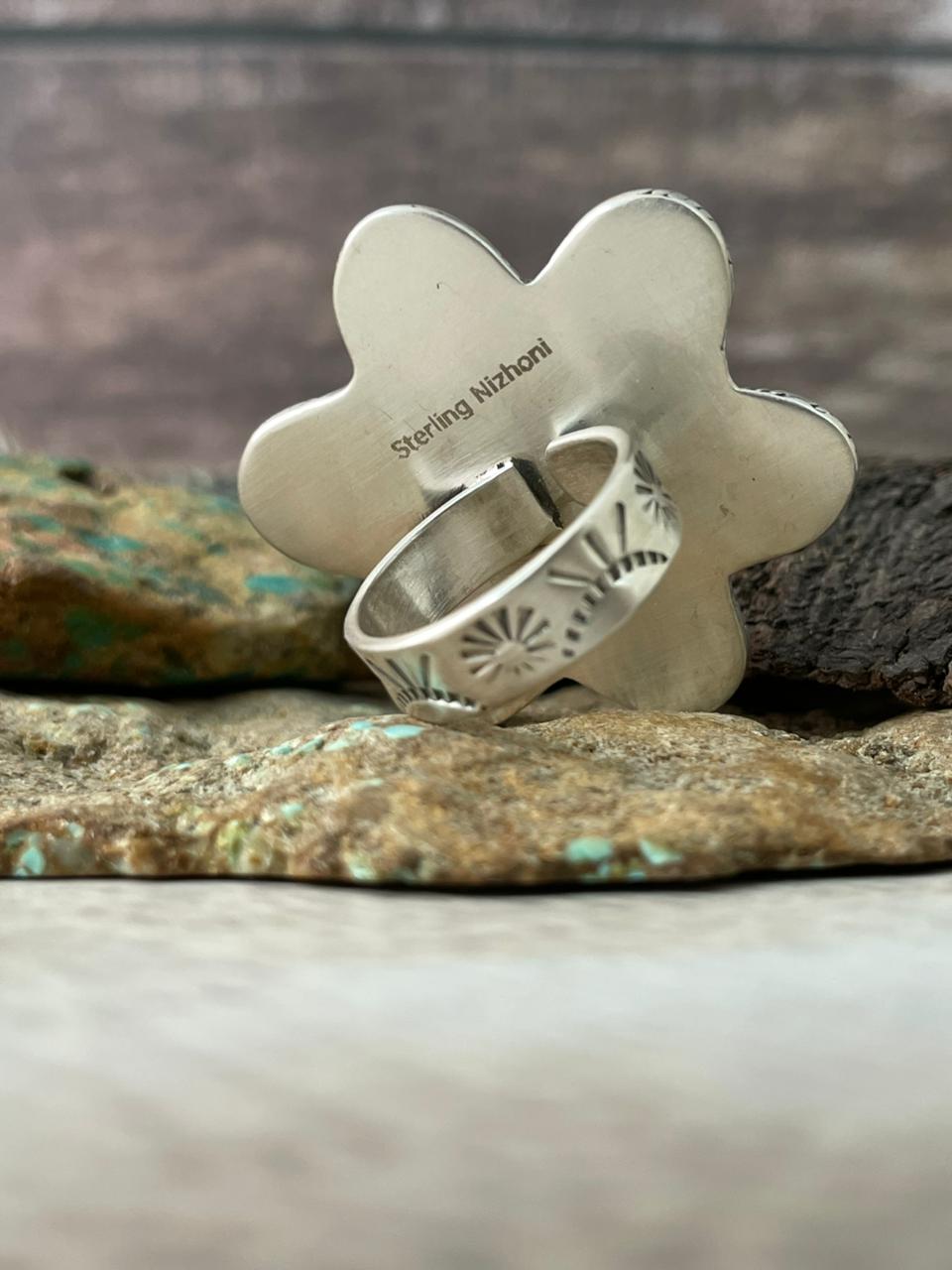 Handmade Sterling Silver Golden Hills Turquoise Adjustable Ring "Signed Nizhoni"