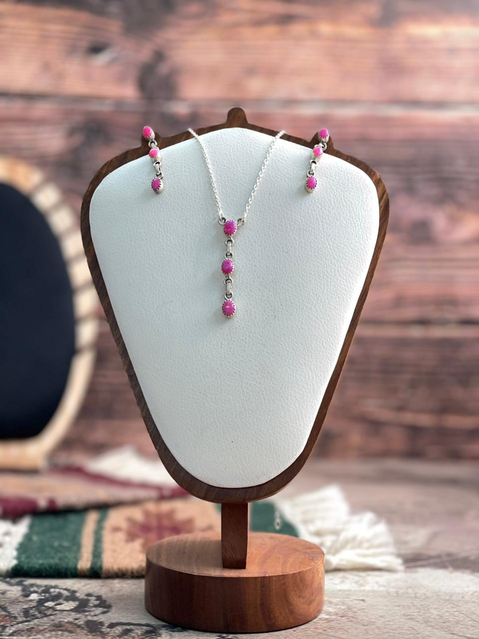 Handmade Sterling Silver Hot Pink Necklace Earrings Set "Signed Nizhoni"
