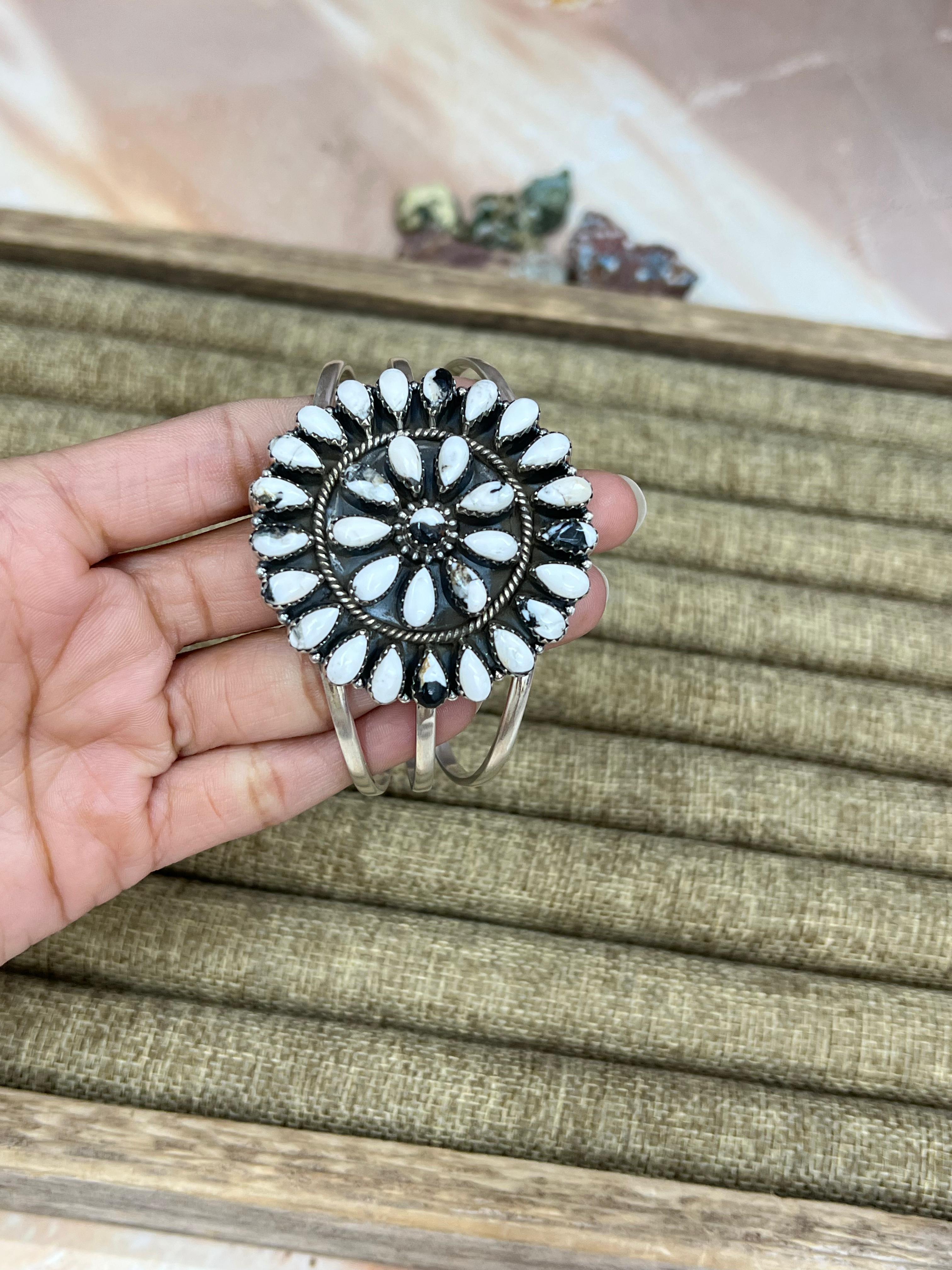 Handmade Sterling Silver White Buffalo Turquoise Cuff Bracelet with Signed Nizhoni