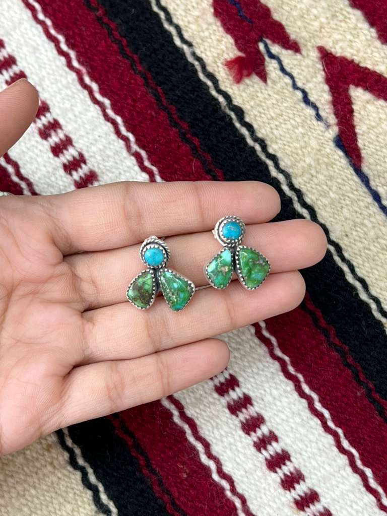 Handmade Sterling Silver Sonoran Mountain Turquoise with White Water Turquoise Post Studs, Signed Nizhoni