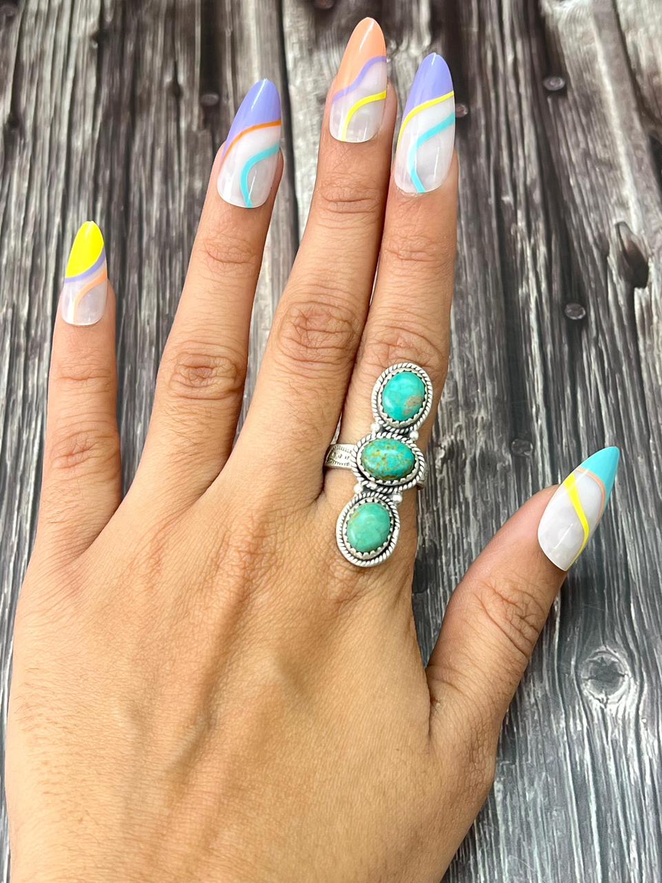 Handmade Sterling Silver Kingman Turquoise Adjustable Ring "Signed Nizhoni"