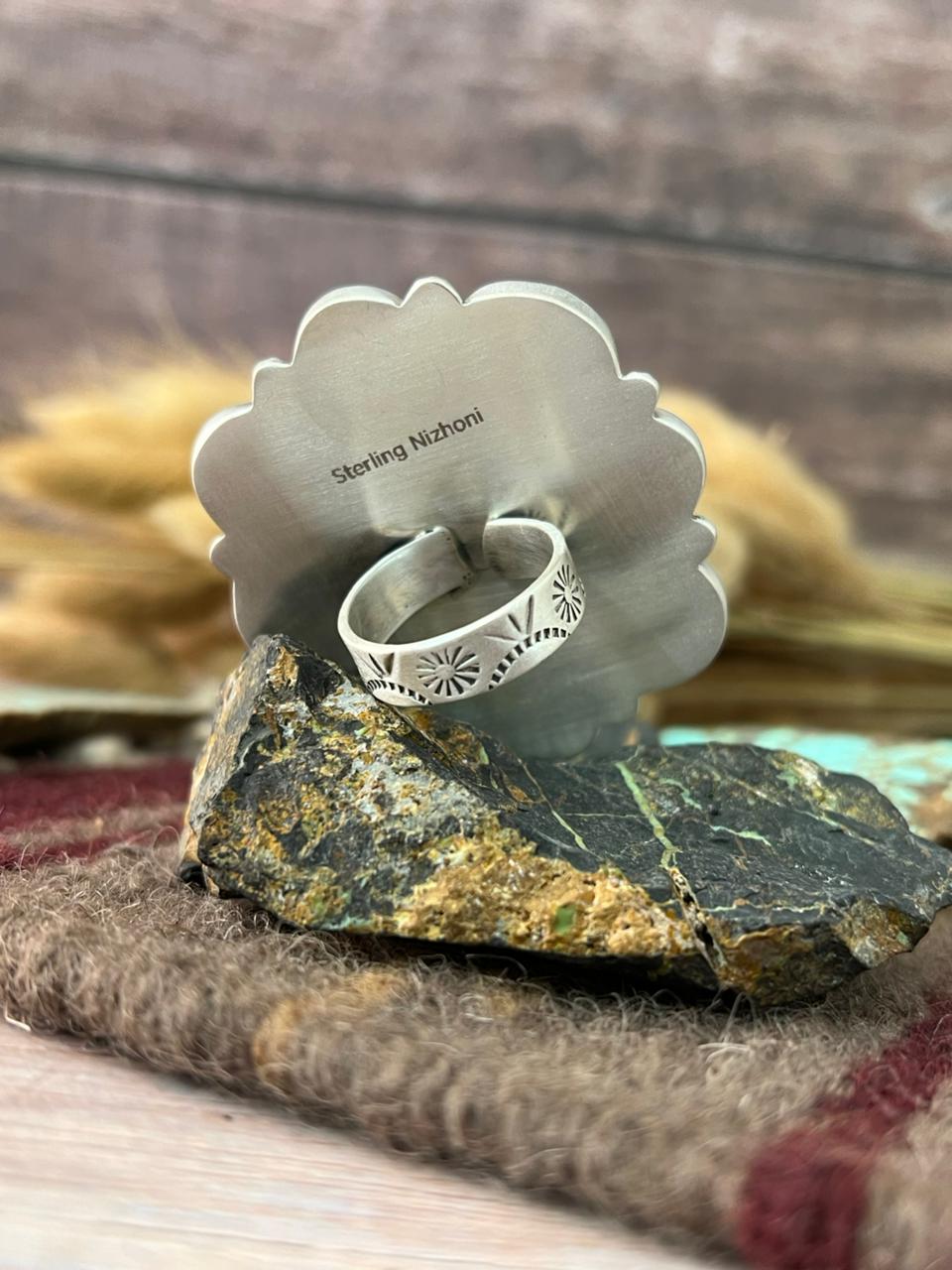 Handmade Sterling Silver Number 8 Turquoise Adjusatble Ring "Signed Nizhoni"