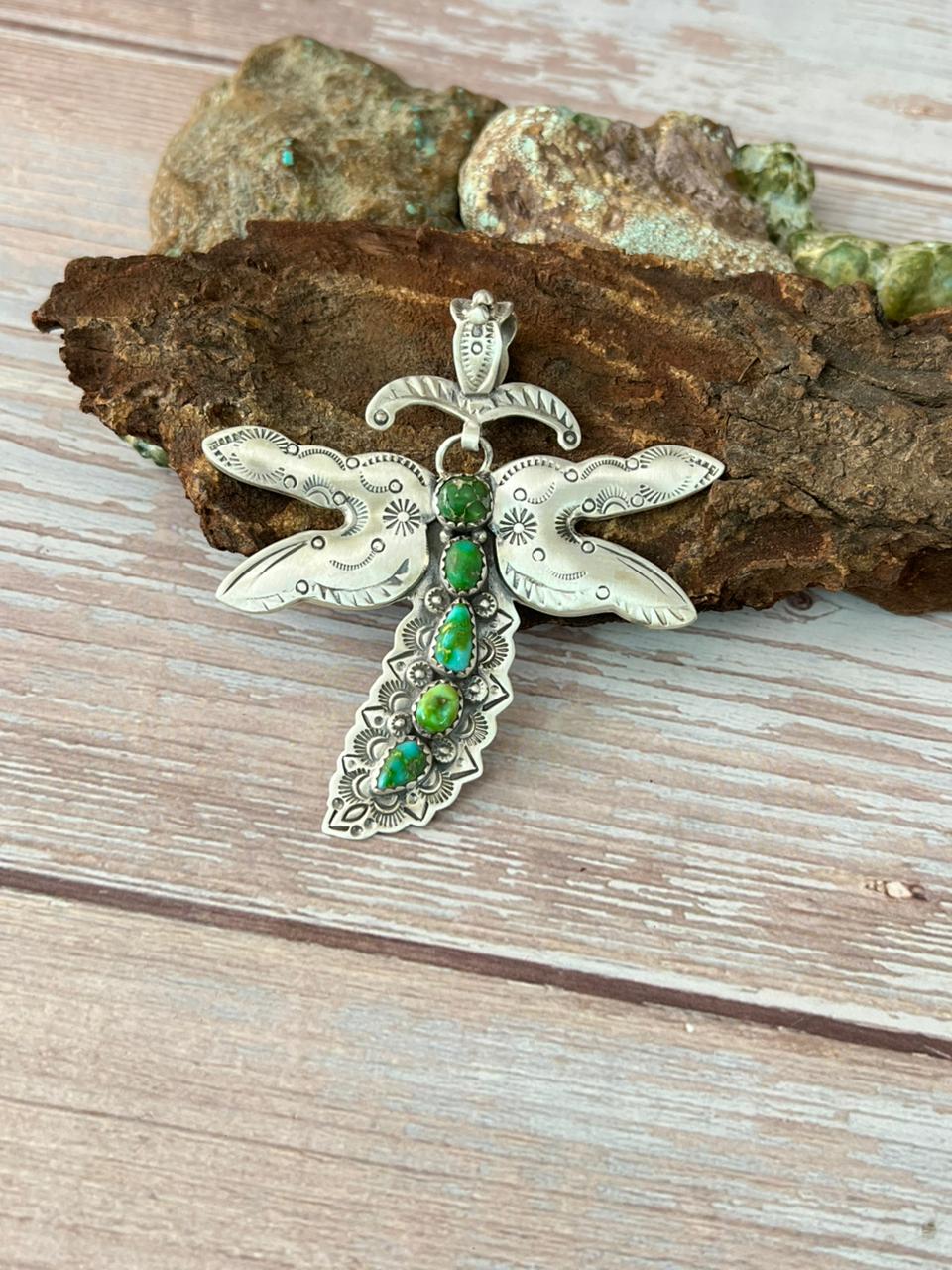 Handmade Sterling Silver Sonoran Mountain Turquoise Butterfly Pendant with Signed Nizhoni