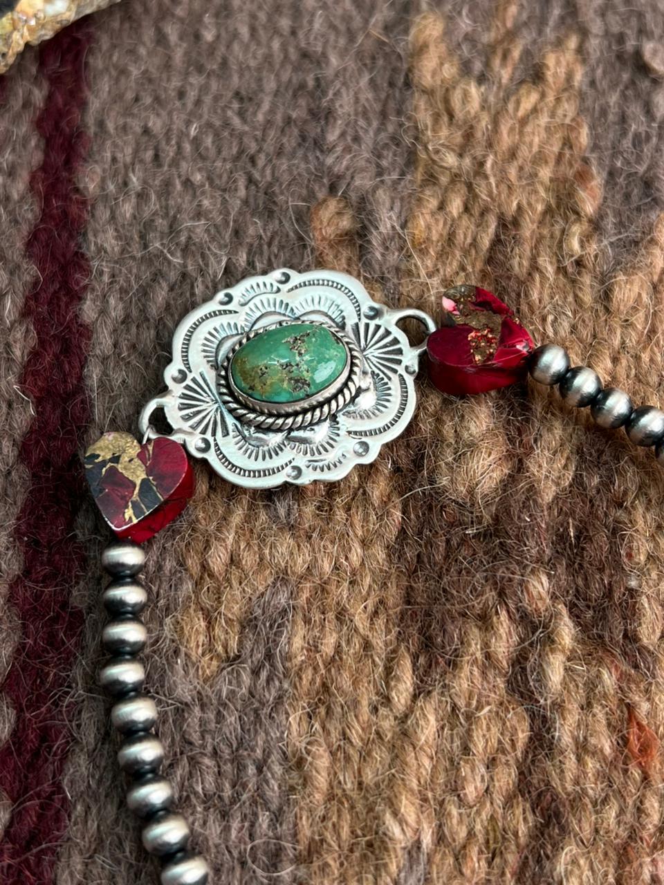 Handmade Sterling Silver Dahlia Rose with Emerald Valley Turquoise Beaded Bracelet "Signed Nizhoni"