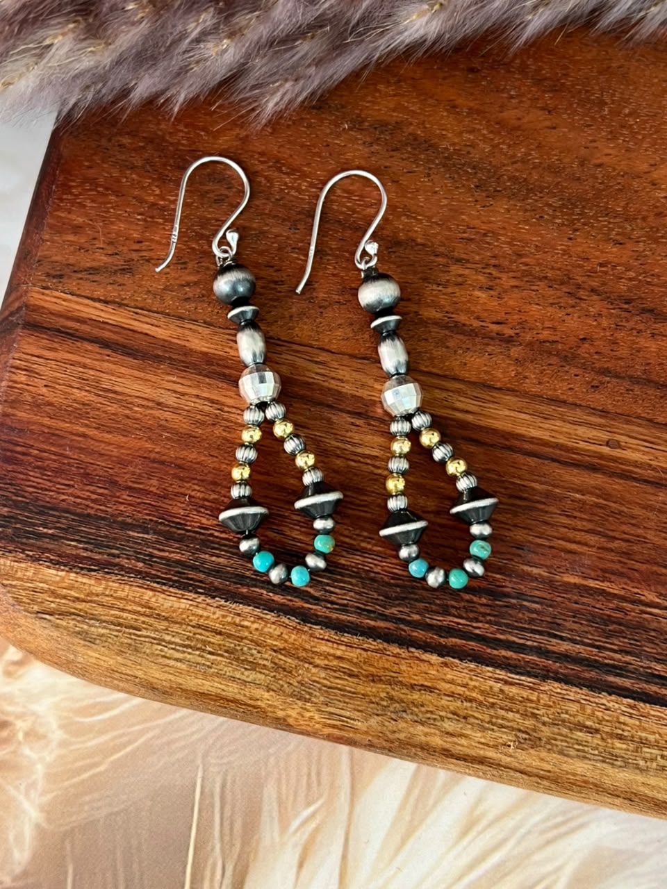Handmade Sterling Silver Kingman Turquoise Beaded Hook Dangle Earrings