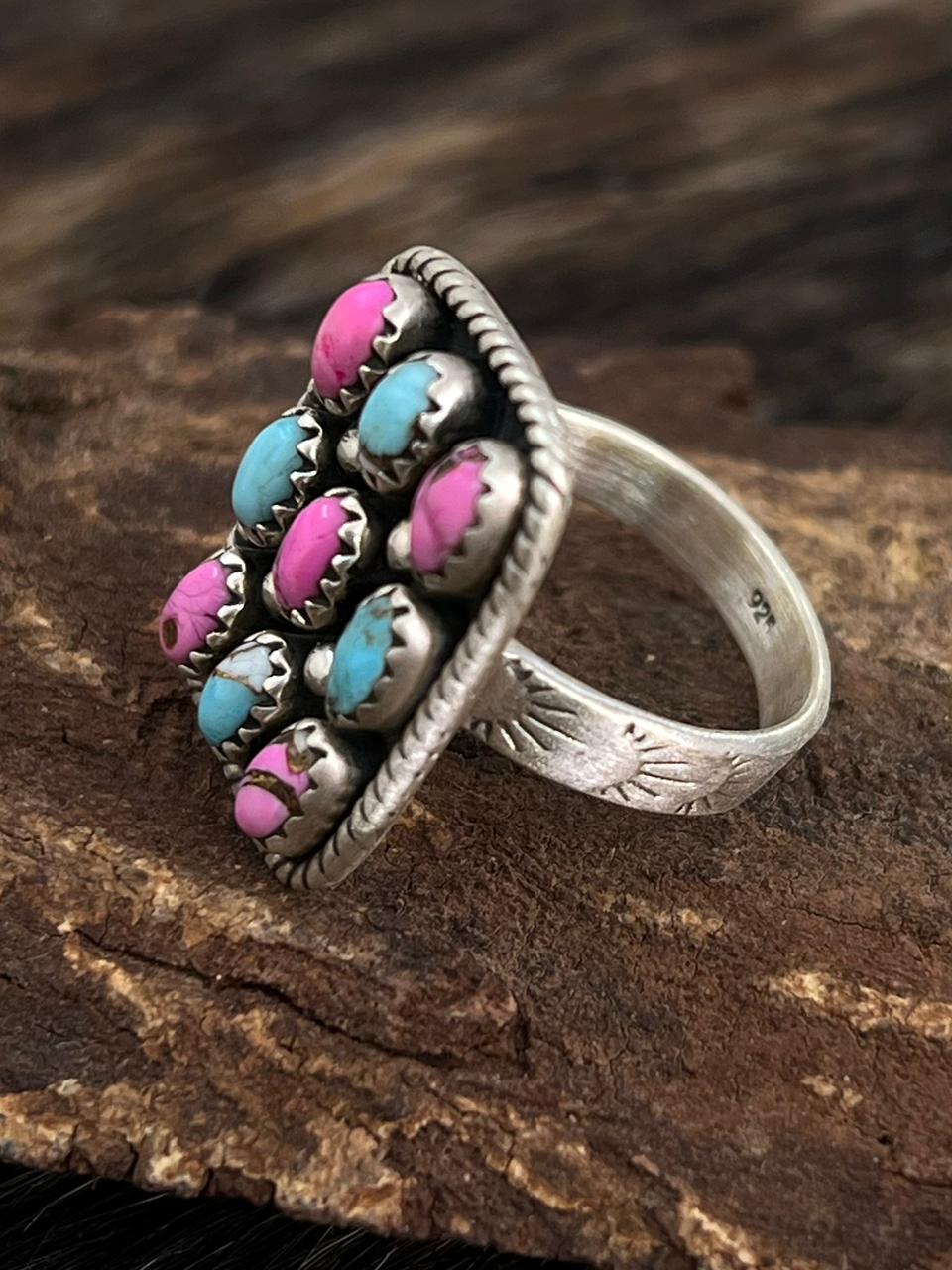 Handmade Sterling Silver Cotton Candy Turquoise Adjustable Ring "Signed Nizhoni"