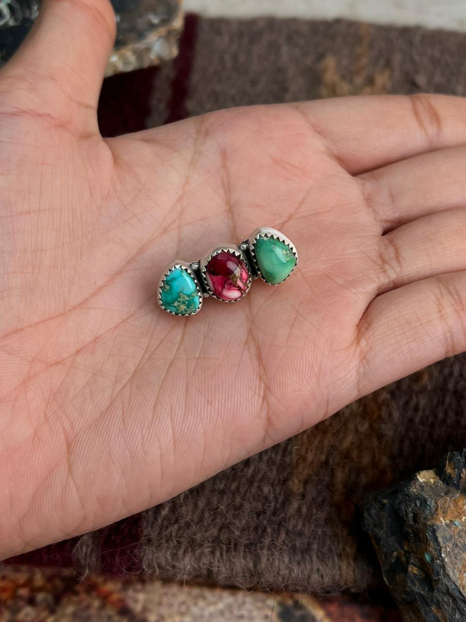 Handmade Sterling Silver Dahlia Rose with Emerald Valley Turquoise Watch Charms "Signed Nizhoni"