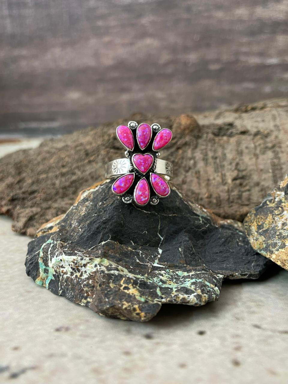 "Heart Collection" Handmade Sterling Silver Hot Pink Adjustable Ring "Signed Nizhoni"