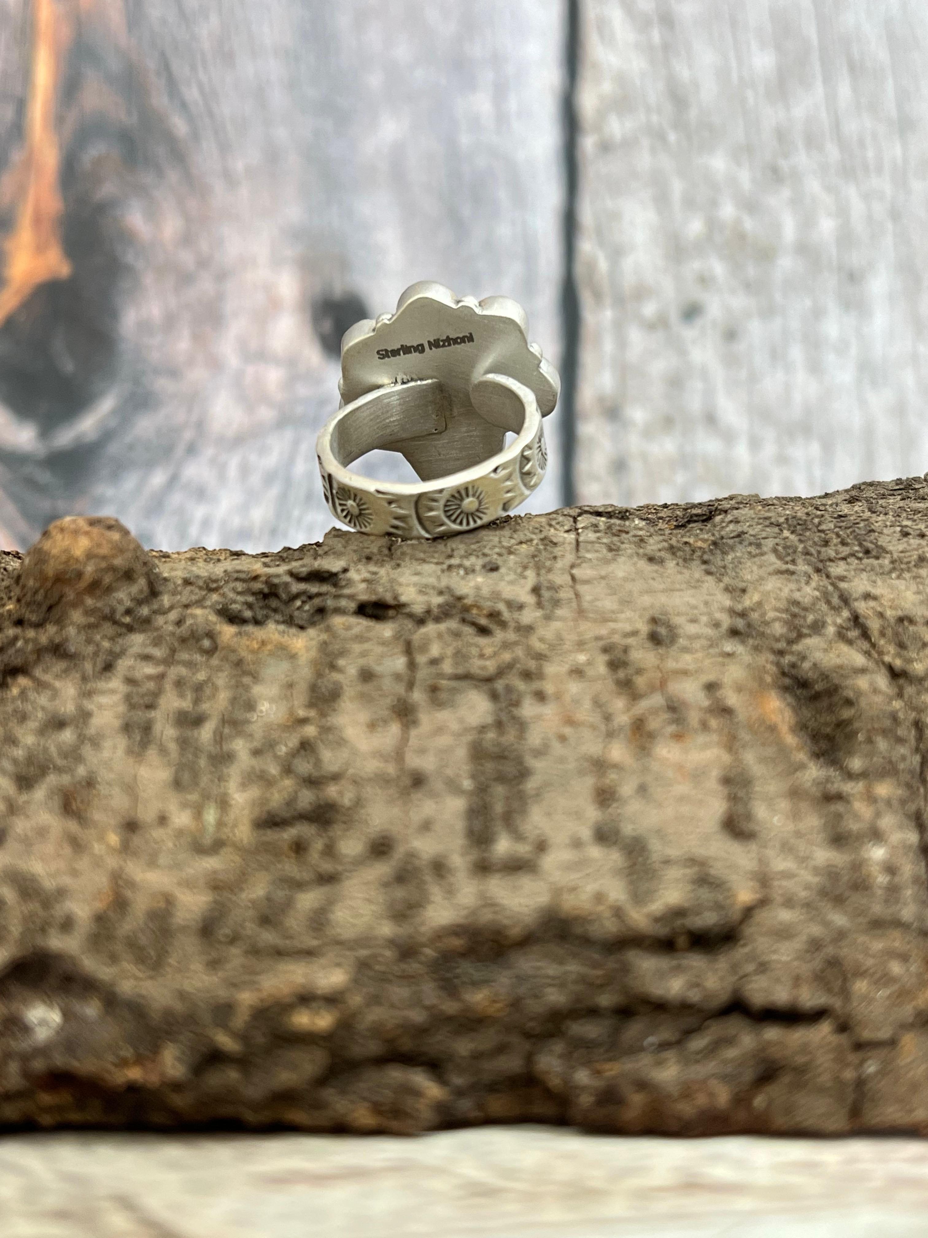 Handmade Sterling Silver Cotton Candy Turquoise Adjustable Ring with Signed Nizhoni