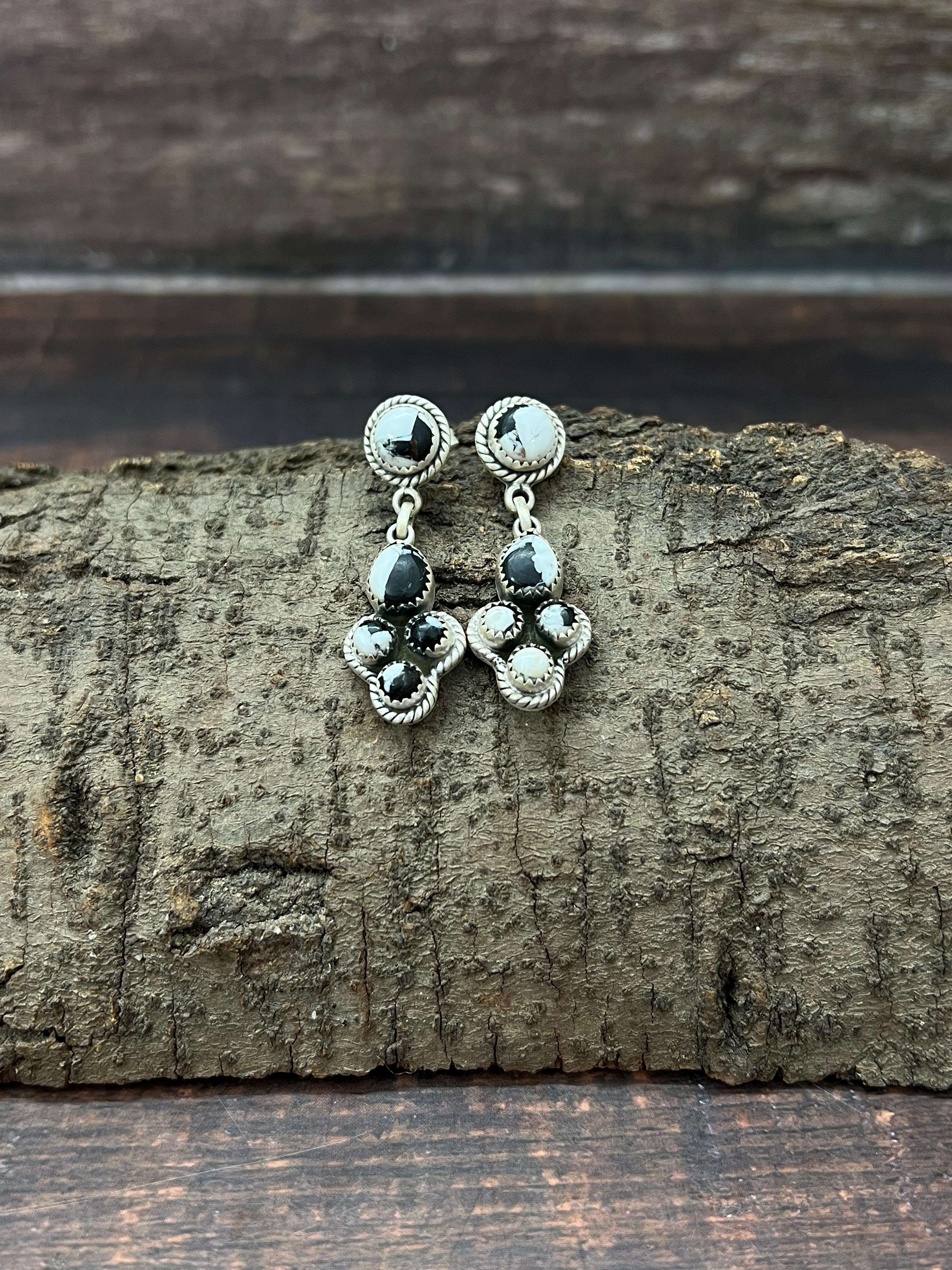 Handmade Sterling Silver White Buffalo Post Dangle Earrings with Signed Nizhoni (2)