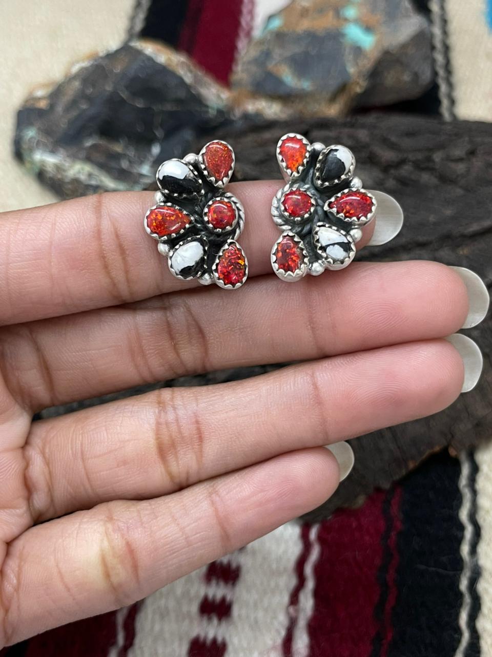 "Christmas Collection" Handmade Sterling Silver White Buffalo with Red Opal Studs Earrings "Signed Nizhoni"