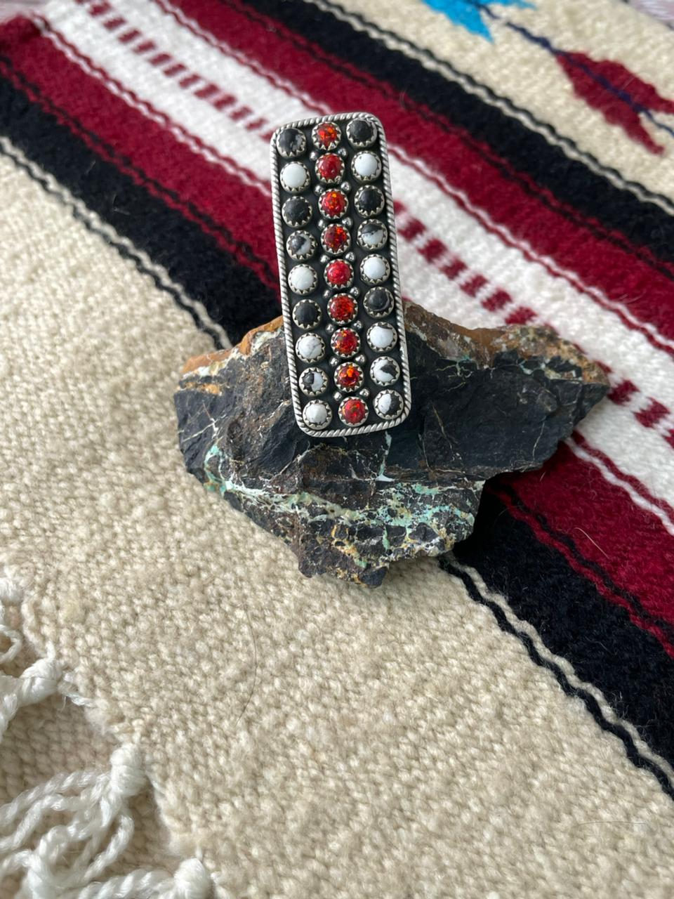 "Christmas Collection" Handmade Sterling Silver White Buffalo with Red Opal Adjustable Ring "Signed Nizhoni"