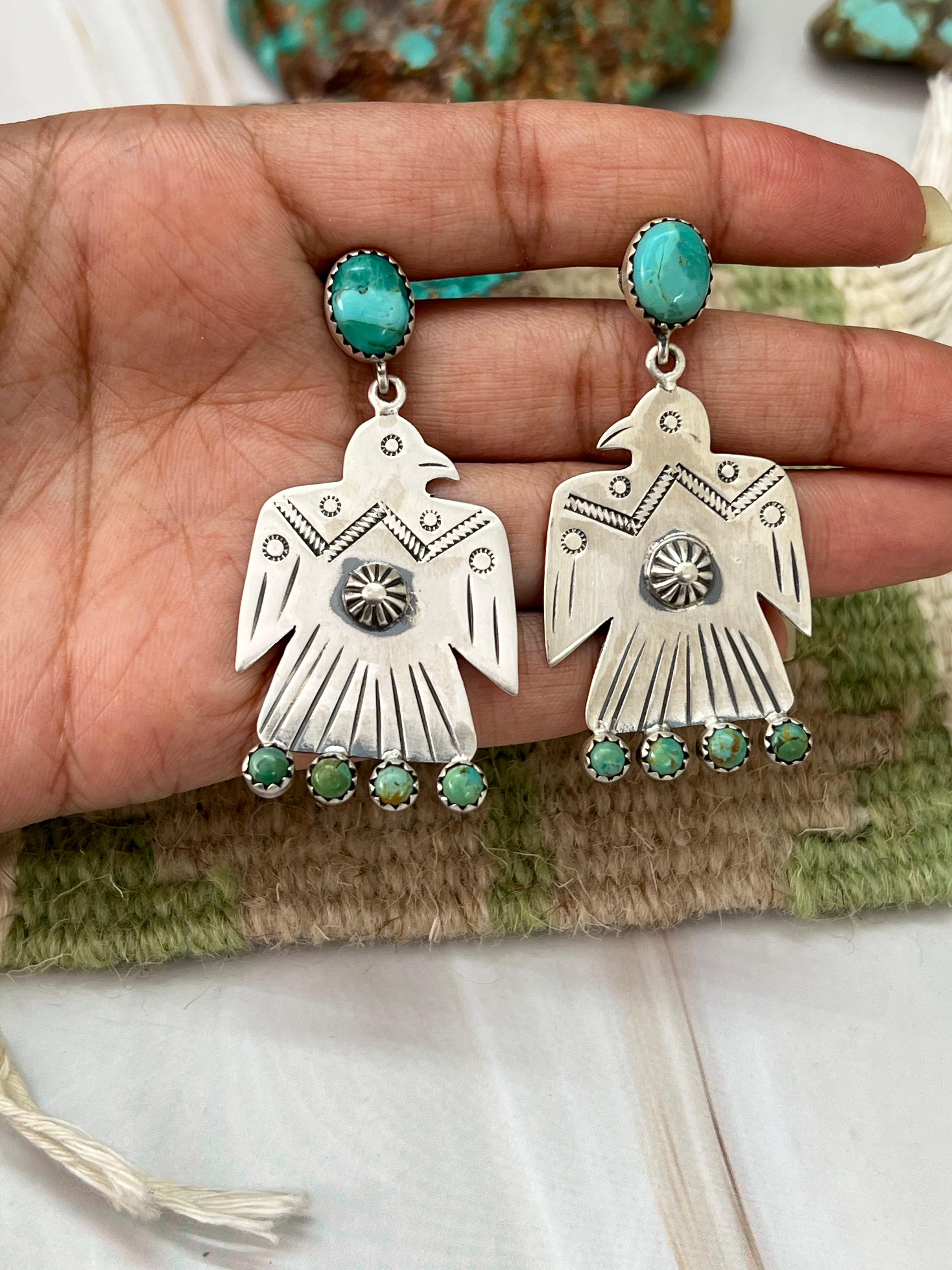 Handmade Sterling Silver Kingman Turquoise Thunder Bird Post Dangle Earrings with Signed Nizhoni