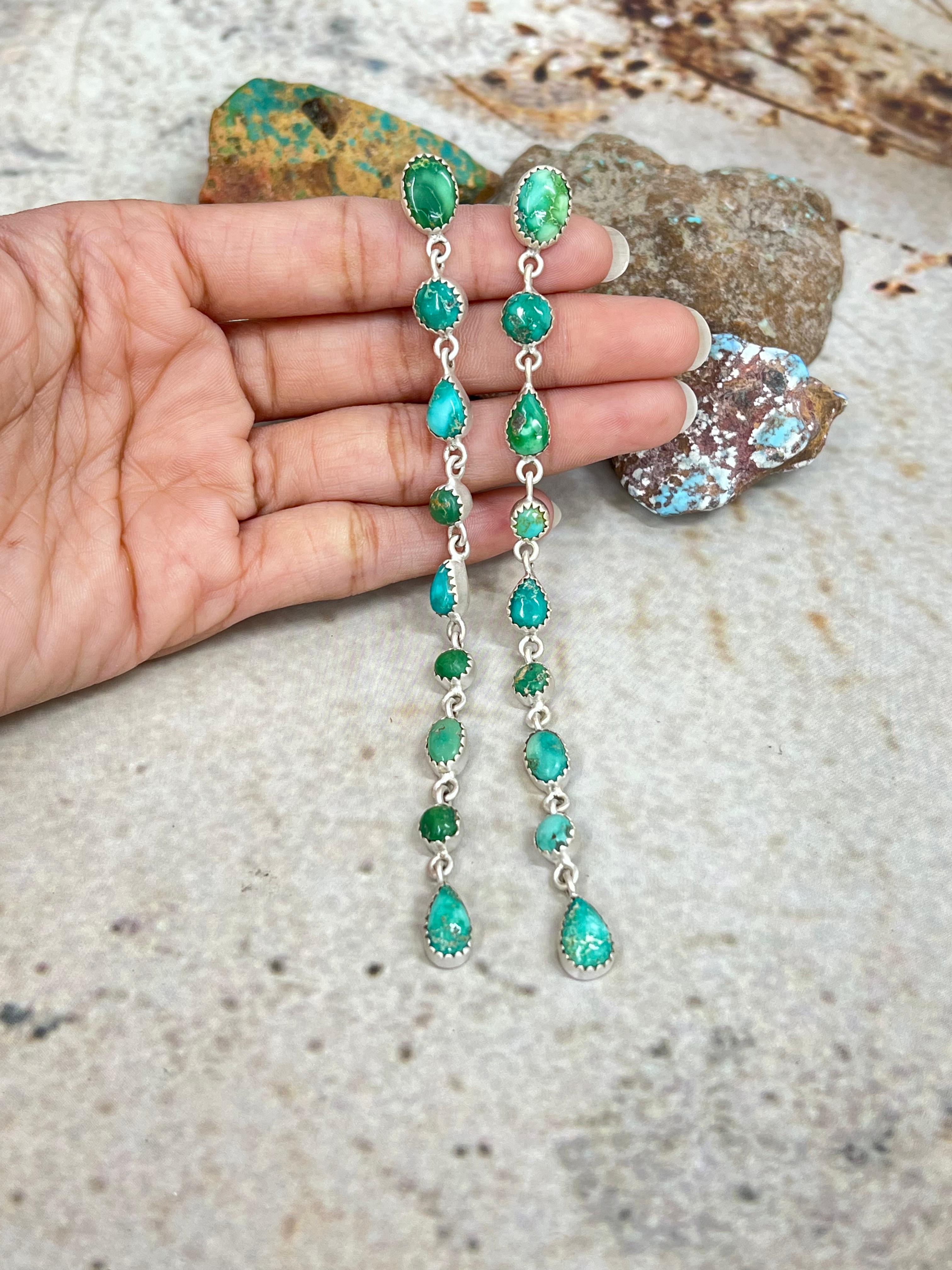 Handmade Sterling Silver Emerald Valley Post Dangle Earrings with Signed Nizhoni