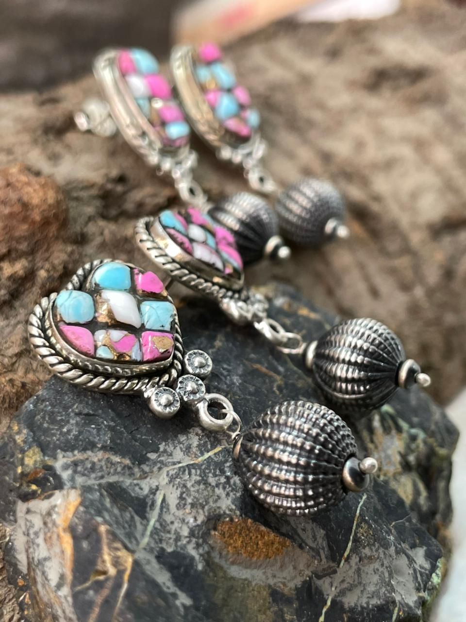 Handmade Sterling Silver Cotton Candy Post Dangle Earrings "Signed Nizhoni"