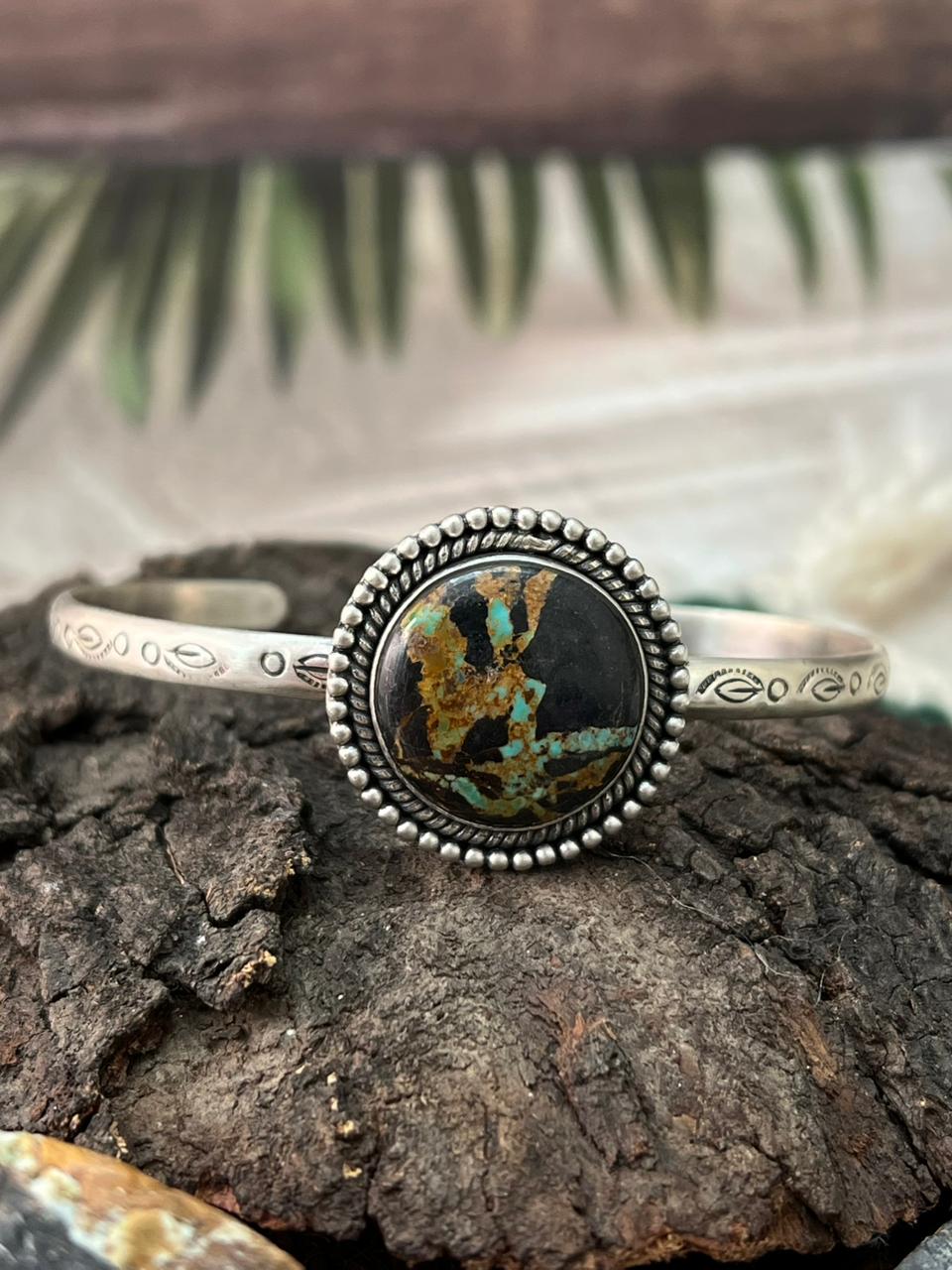 Handmade Sterling Silver Blackjack Turquoise Cuff Bracelet "Signed Nizhoni"