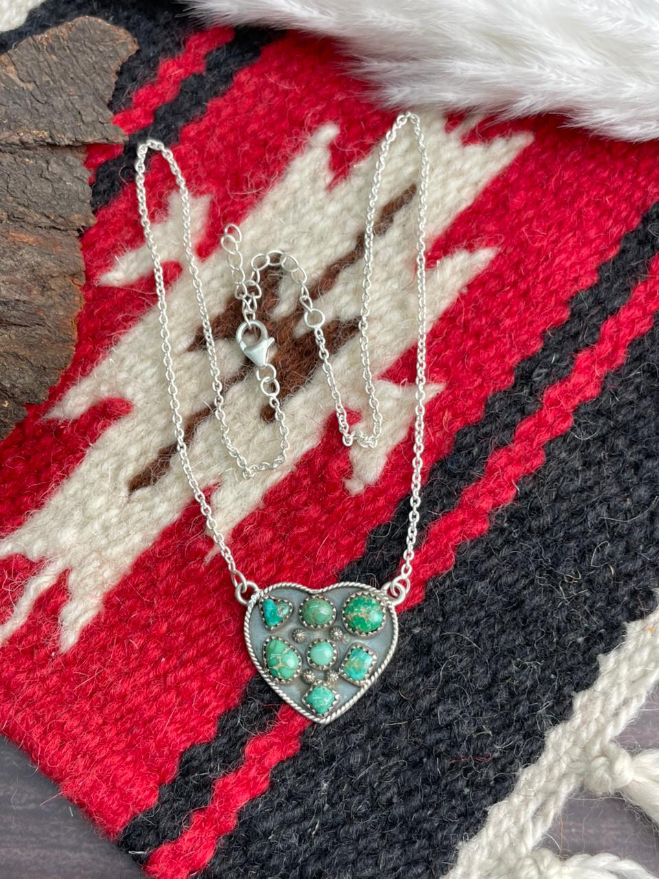 Handmade Sterling Silver Emerald Valley Turquoise Heart Necklace "Signed Nizhoni"