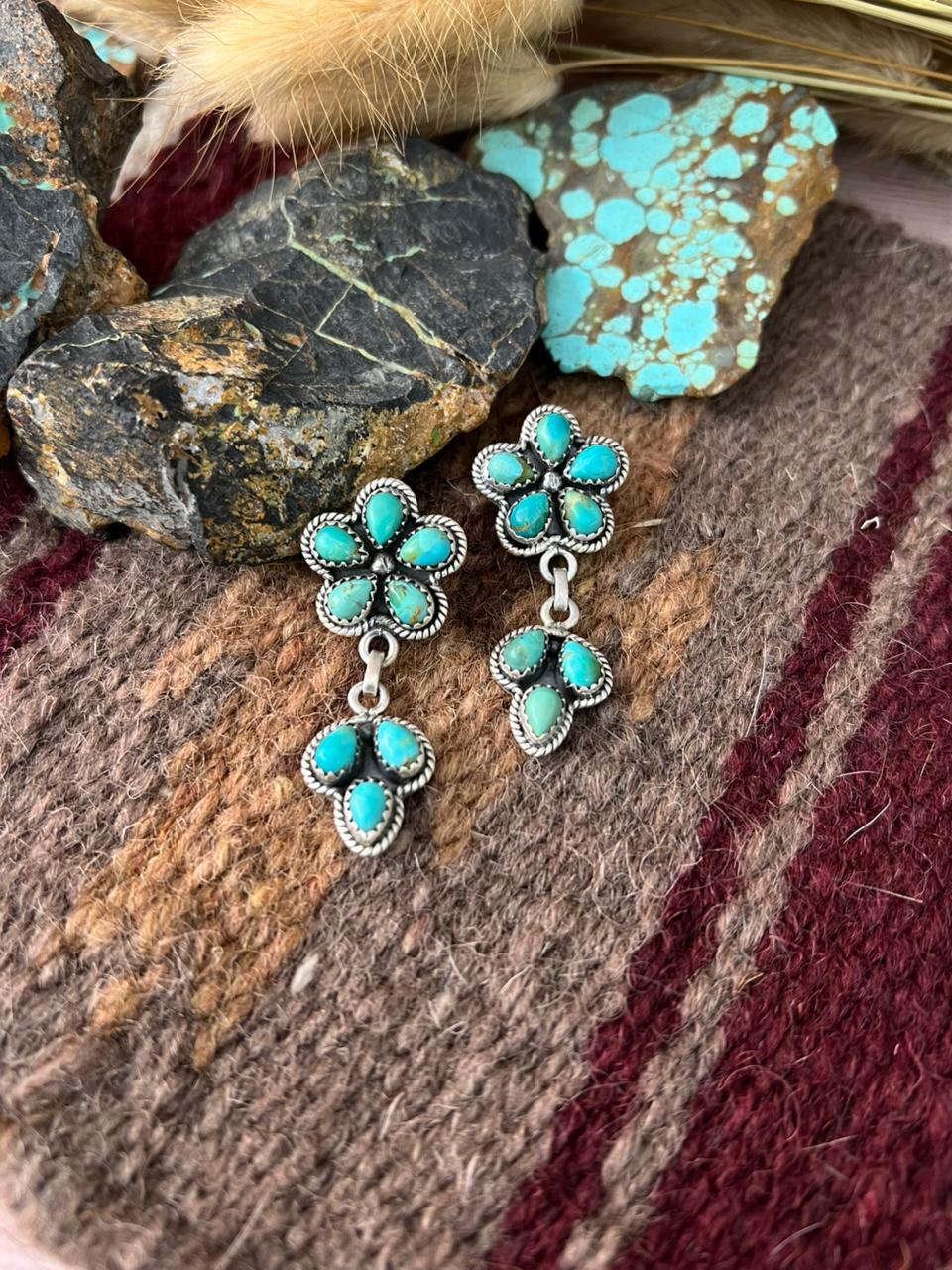 Handmade Sterling Silver Kingman Turquoise Post Dangle Earrings "Signed Nizhoni"