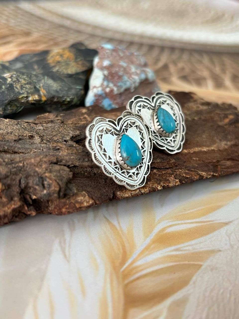 Handmade Sterling Silver Kingman Turquoise Post Heart Studs Earrings "Signed Nizhoni"