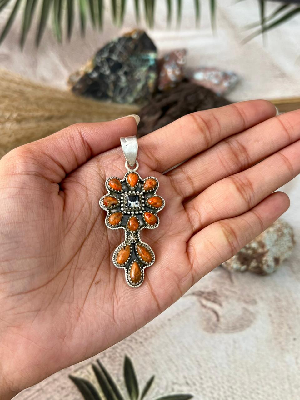 Handmade Sterling Silver Orange Mojave with White Buffalo Pendant "Signed Nizhoni"