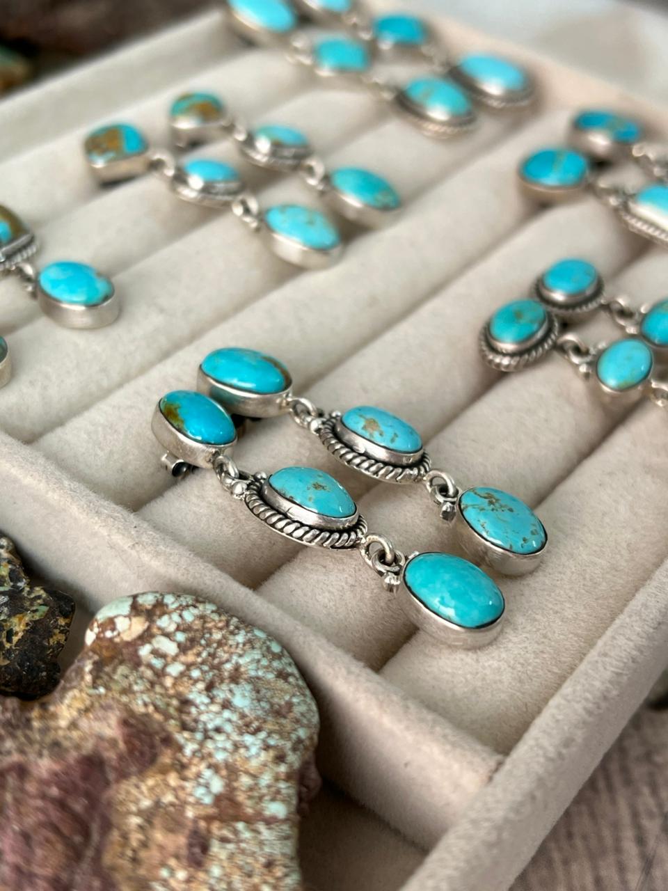 Handmade Sterling Silver Santa Maria Turquoise Post Dangle Earrings "Signed Nizhoni"