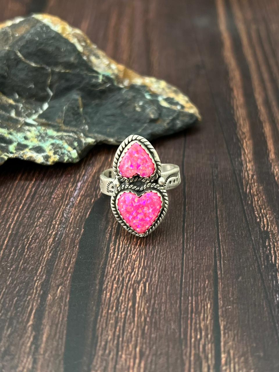 Handmade Sterling Silver Hot Pink Heart Shape Adjustable Ring "Singed Nizhoni"