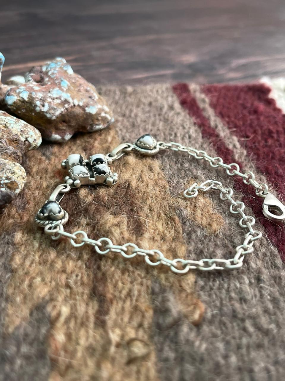 Handmade Sterling Silver White Buffalo Chain Bracelet "Signed Nizhoni"