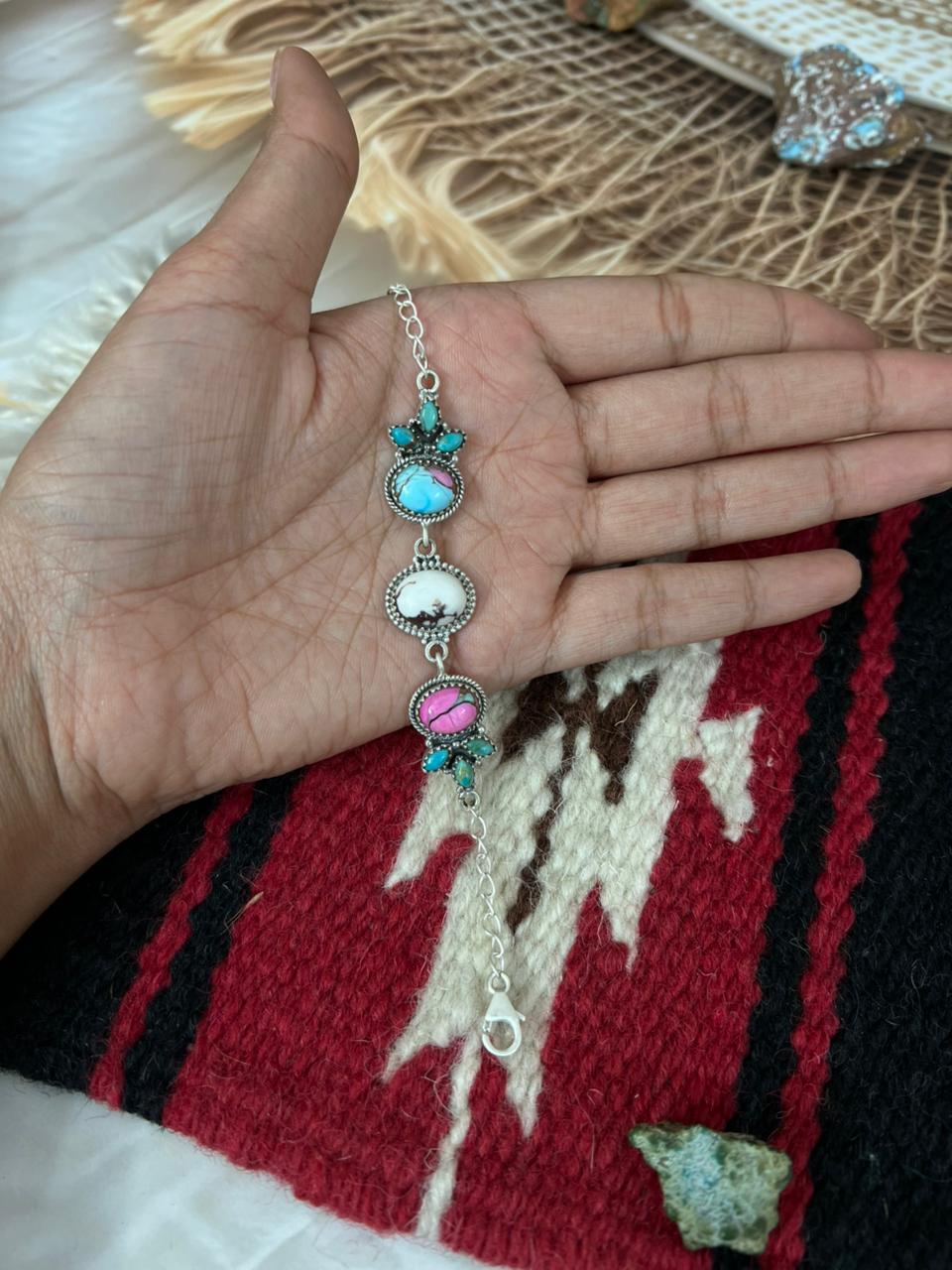 Handmade Sterling Silver Cotton Candy, Kingman and Wild horse Magnesite Chain Bracelet "Signed Nizhoni"