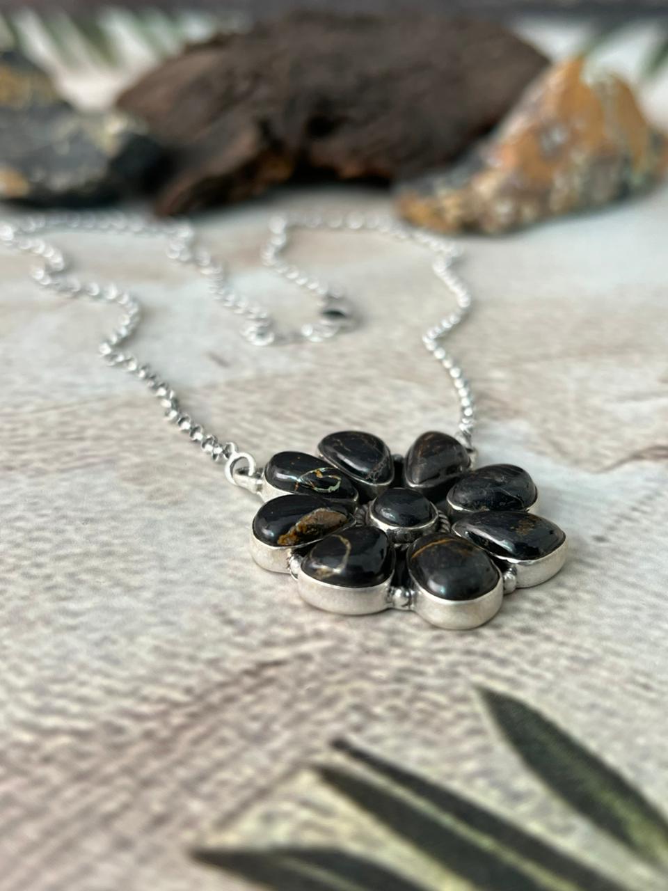 Handmade Sterling Silver Blackjack Turquoise Necklace "Signed Nizhoni"