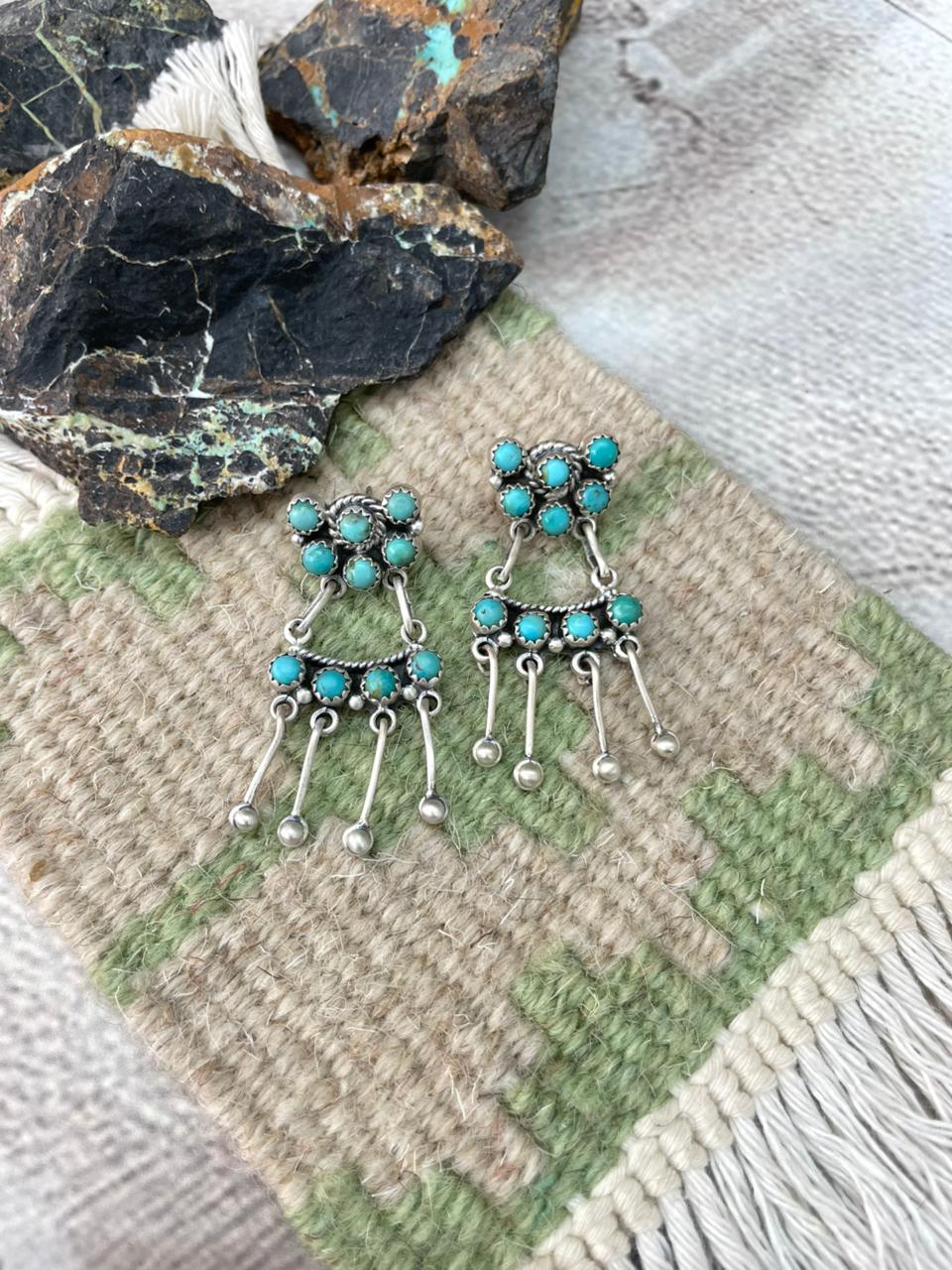 Handmade Sterling Silver Kingman Turquoise Post Dangle Earrings "Signed Nizhoni"
