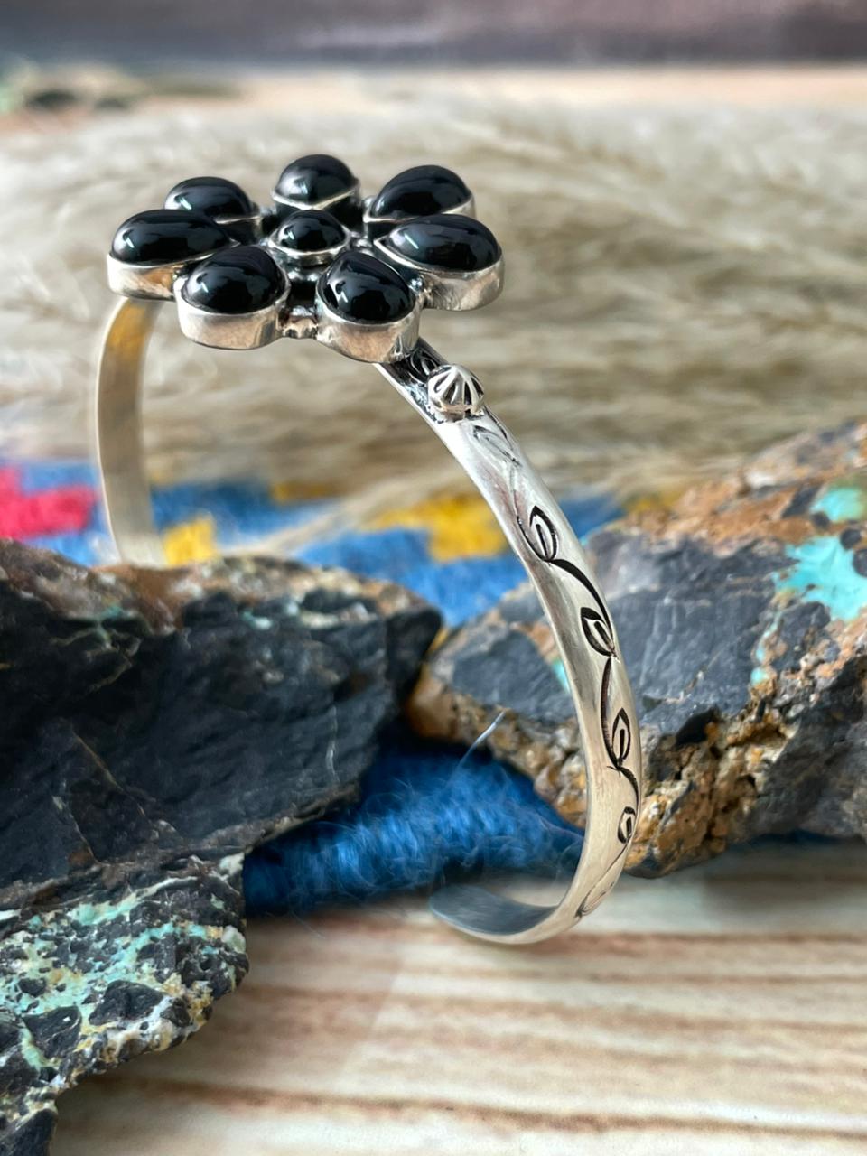 Handmade Sterling Silver Black Onyx Cuff Bracelet "Signed Nizhoni"