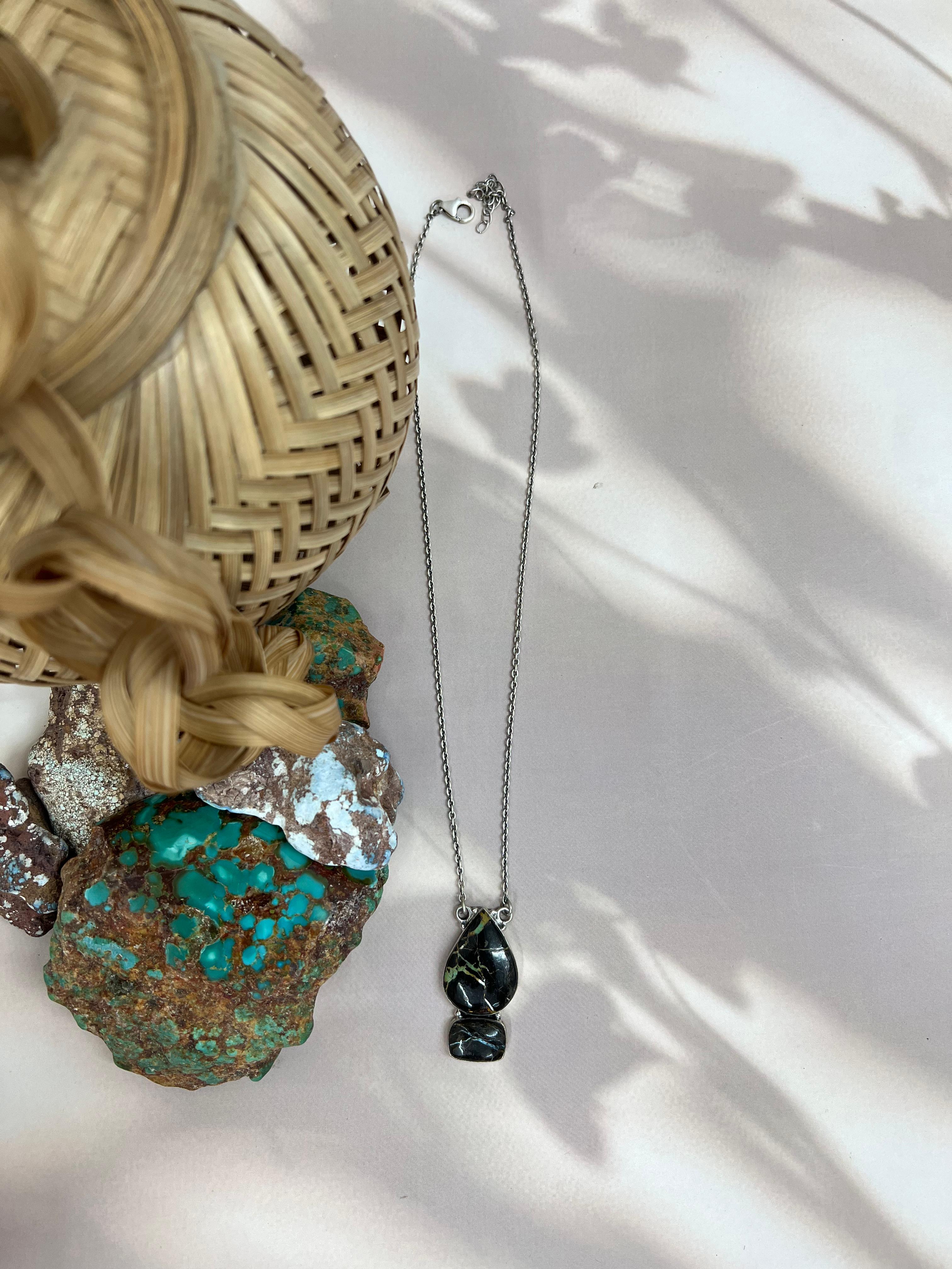 Handmade Sterling Silver Blackjack Turquoise Necklace Signed Nizhoni