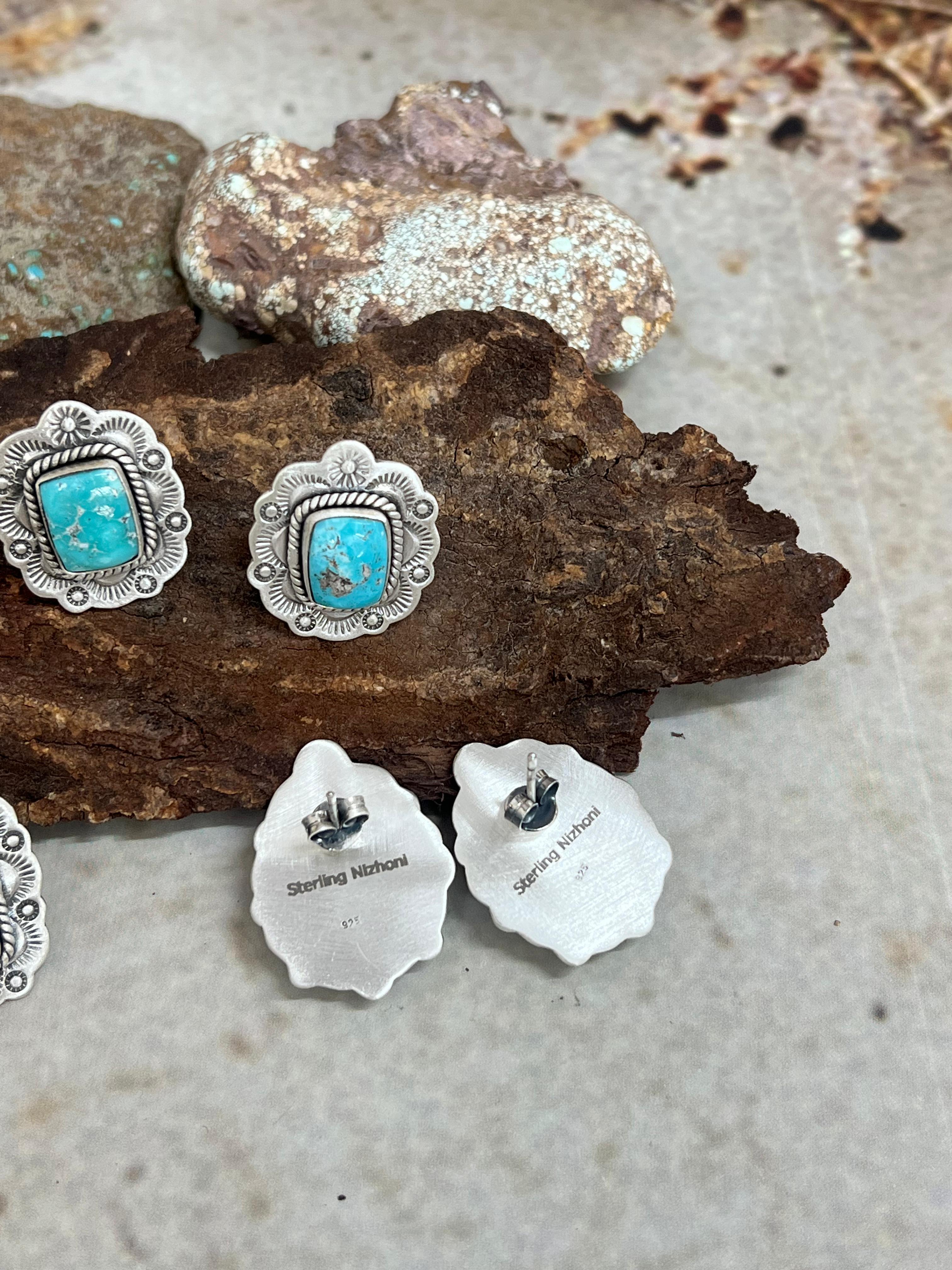 Handmade Sterling Silver White Water Turquoise Post Studs with Signed Nizhoni