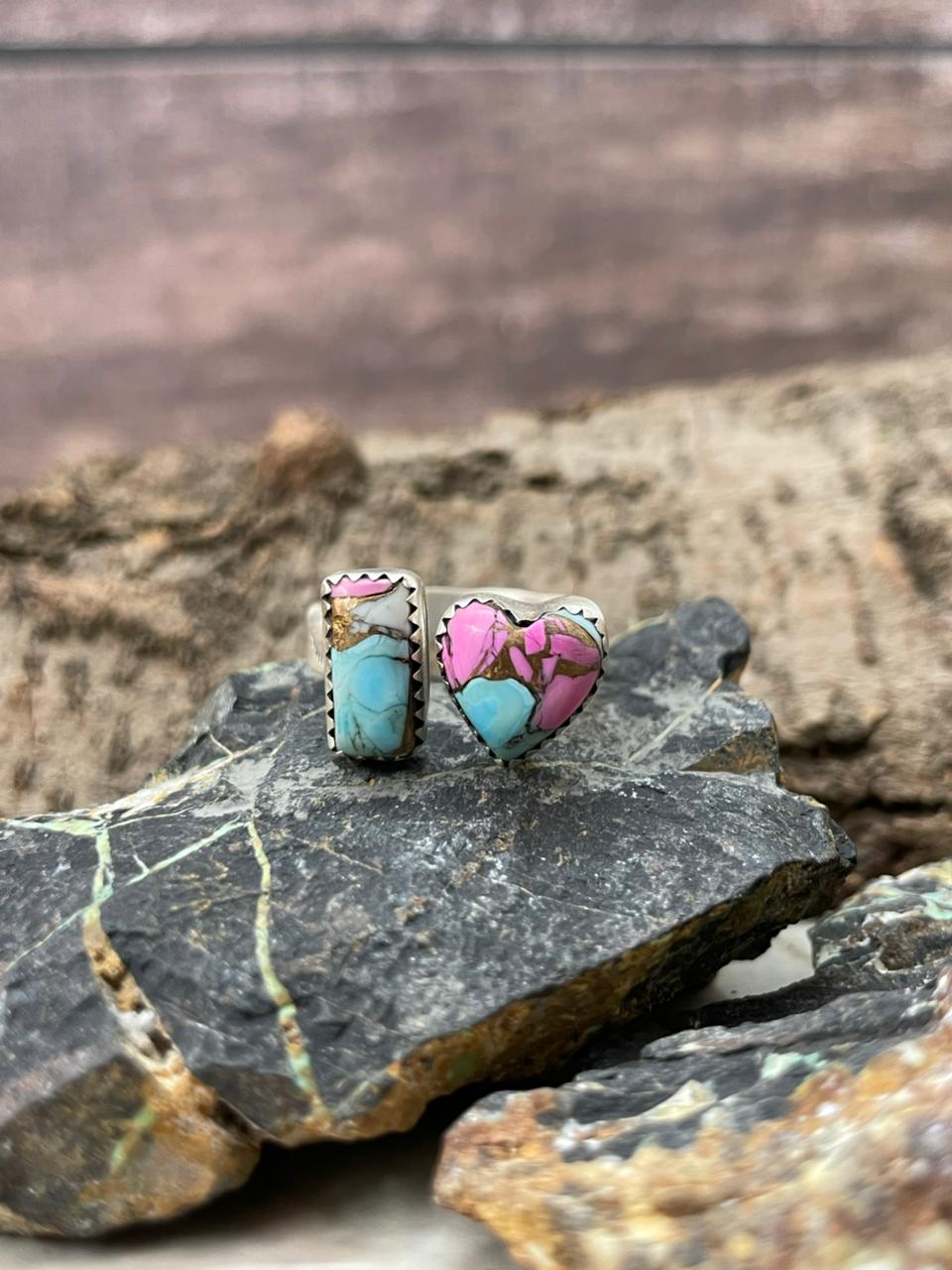 "Heart Collection" Handmade Sterling Silver Cotton Candy Adjustable Ring "Signed Nizhoni"