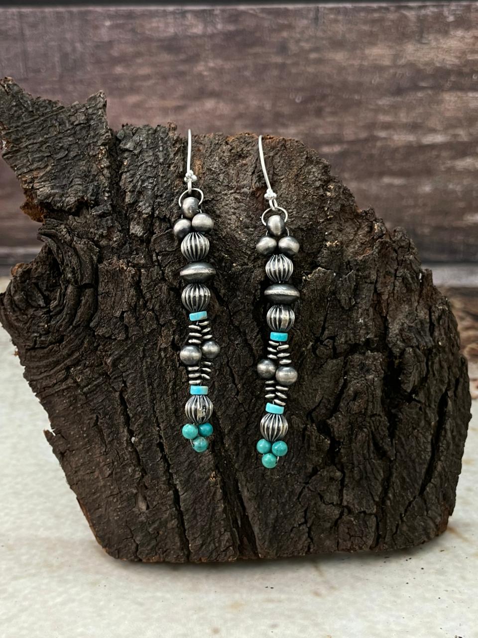 Handmade Sterling Silver Beaded Kingman Turquoise Hook Dangle Earrings (8)