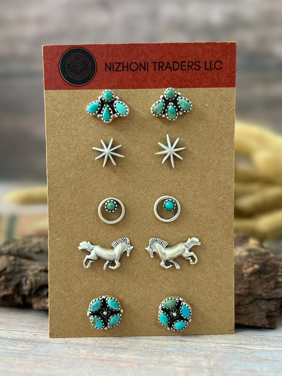 Handmade Sterling Silver Kingman Turquoise Studs Earrings Card