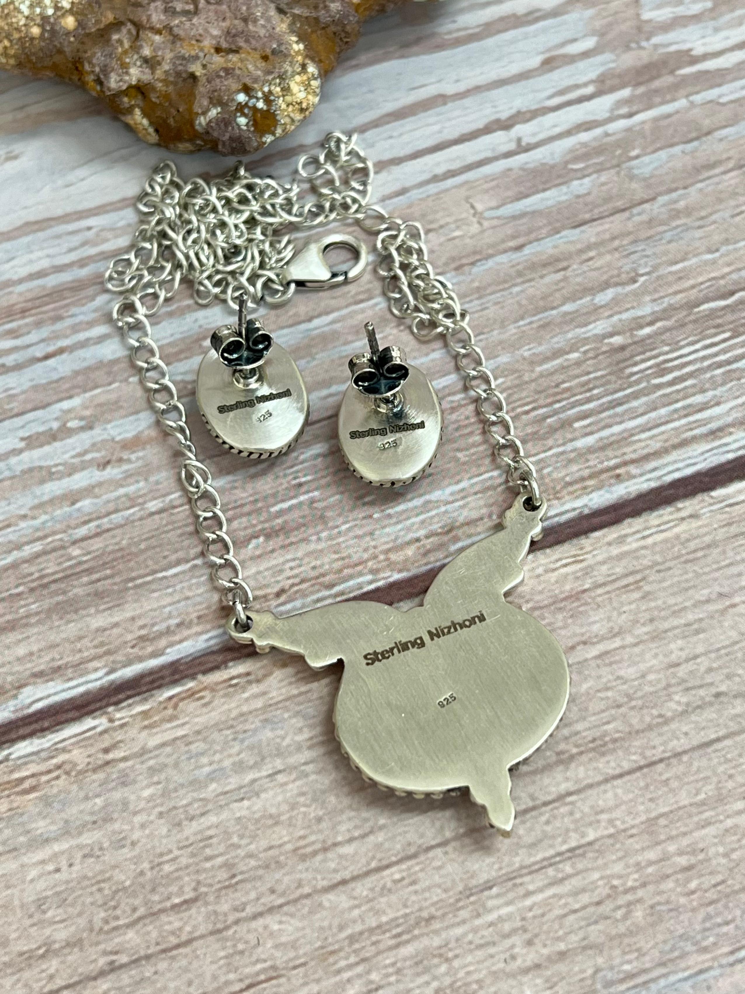 Handmade Sterling Silver Golden Hills Turquoise Necklace Earrings Set with Signed Nizhoni