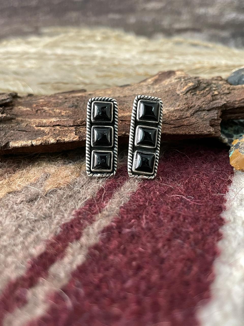 Handmade Sterling Silver Black Onyx Post Studs Earrings "Signed Nizhoni"