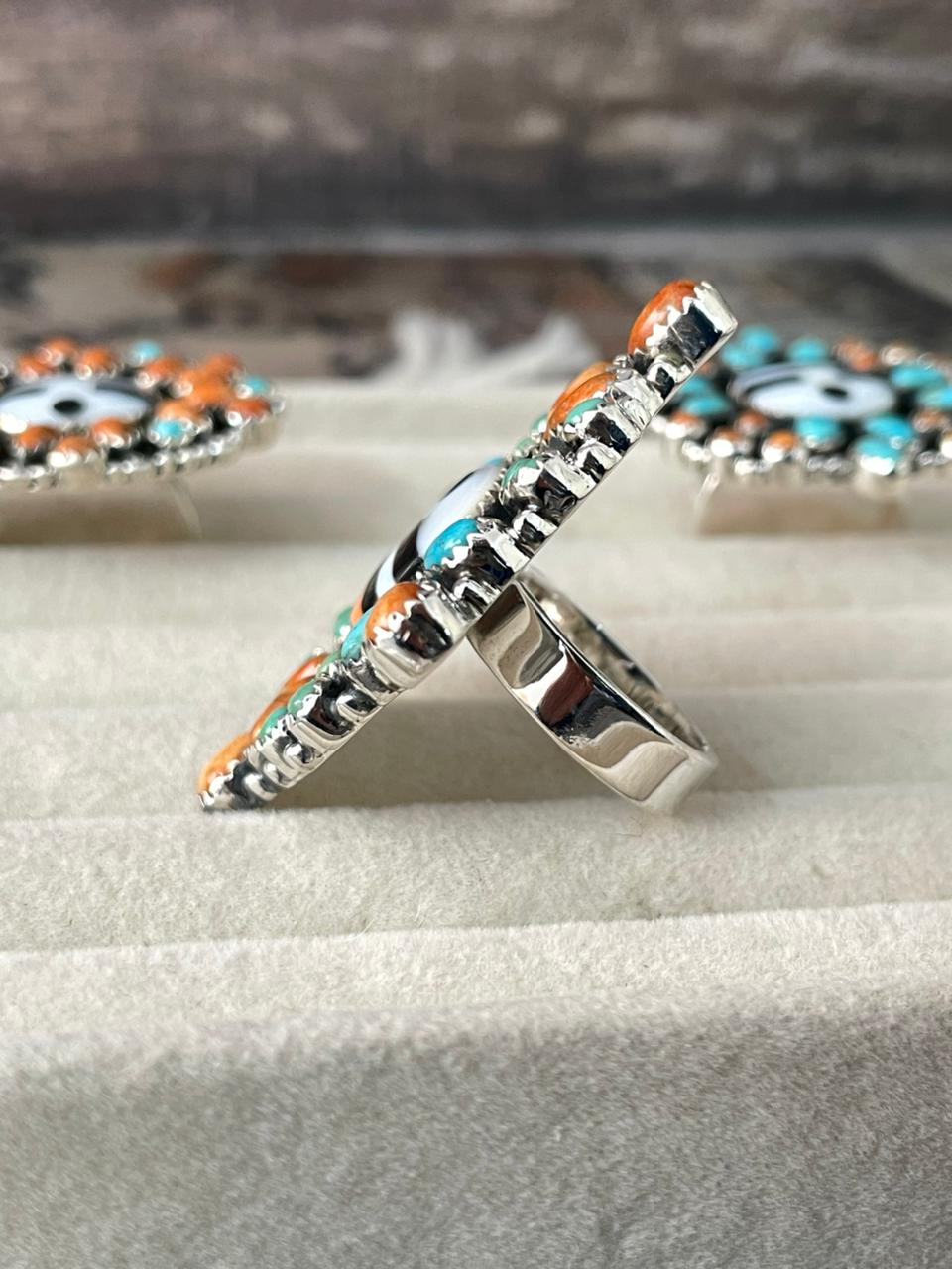 Handmade Sterling Silver Turquoise and MOP adjustable Ring "Signed Nizhoni"