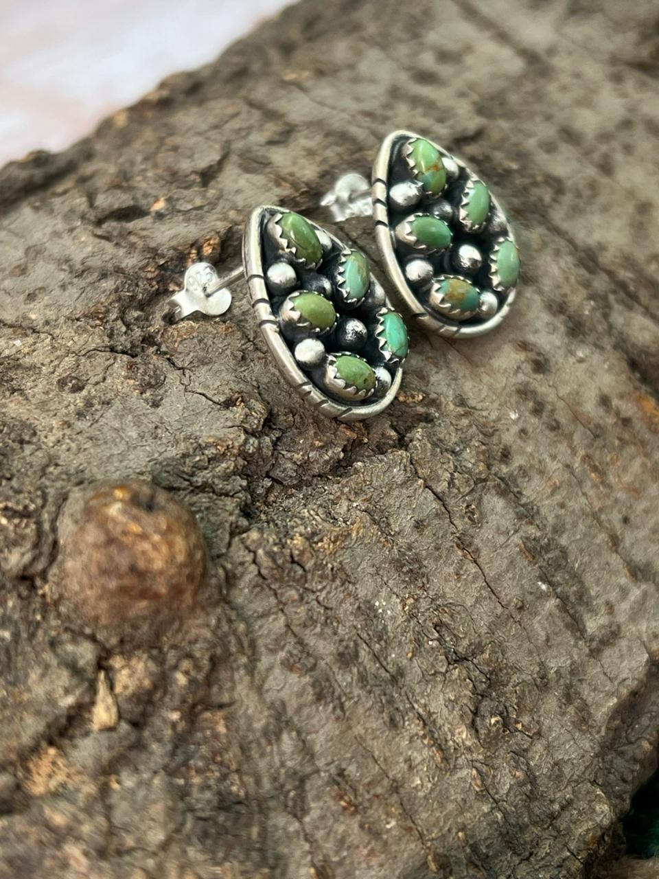 Handmade Sterling Silver Kingman Turquoise Post Studs Earrings "Signed Nizhoni"