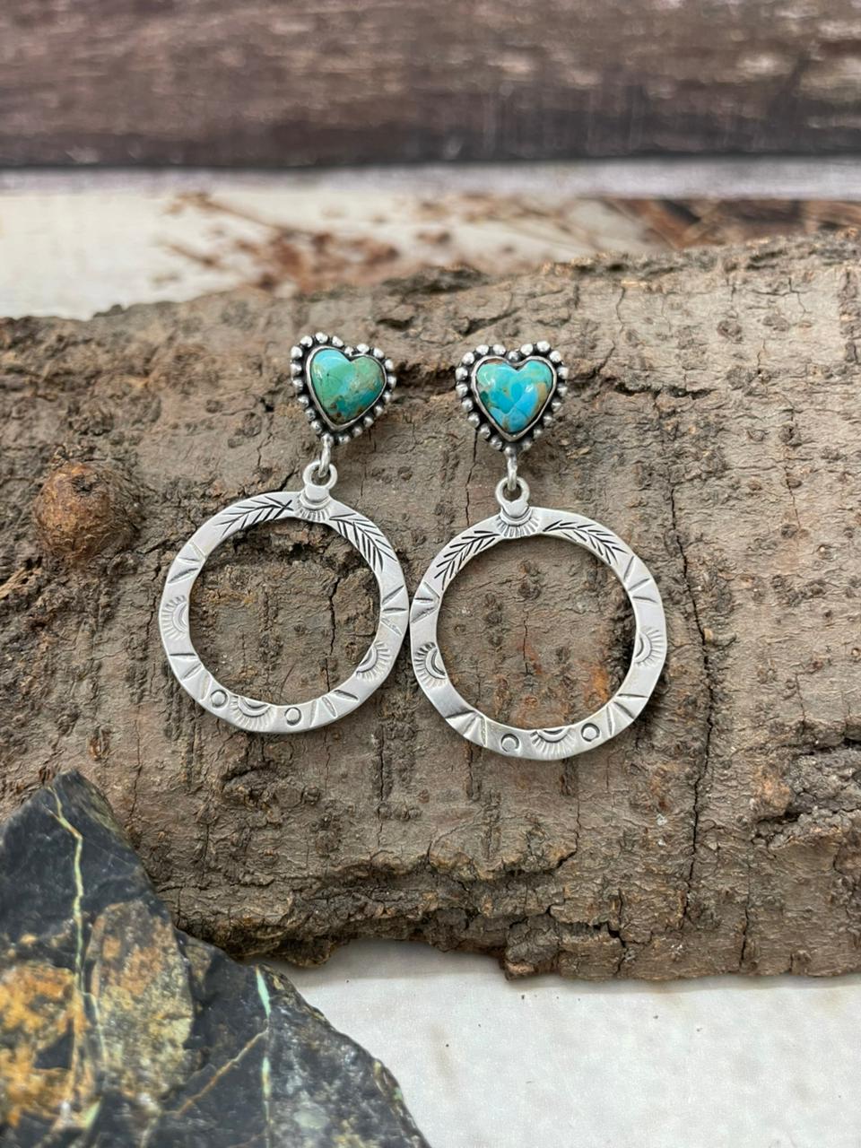 "Heart Collection" Handmade Sterling Silver Kingman Turquoise Post Dangle Earrings "Signed Nizhoni"