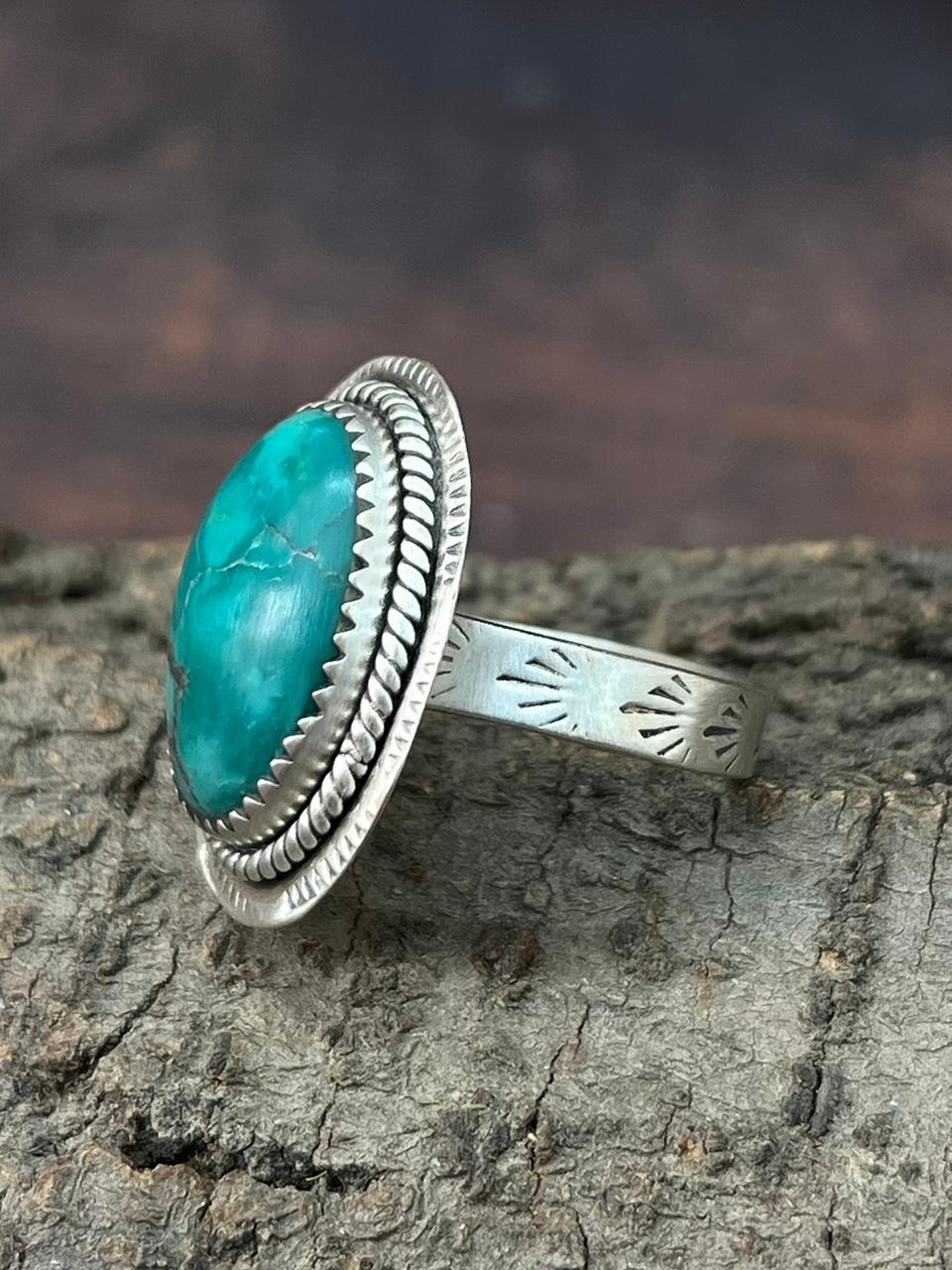 Handmade Sterling Silver Hubai Turquoise Adjustable Ring "Signed Nizhoni"