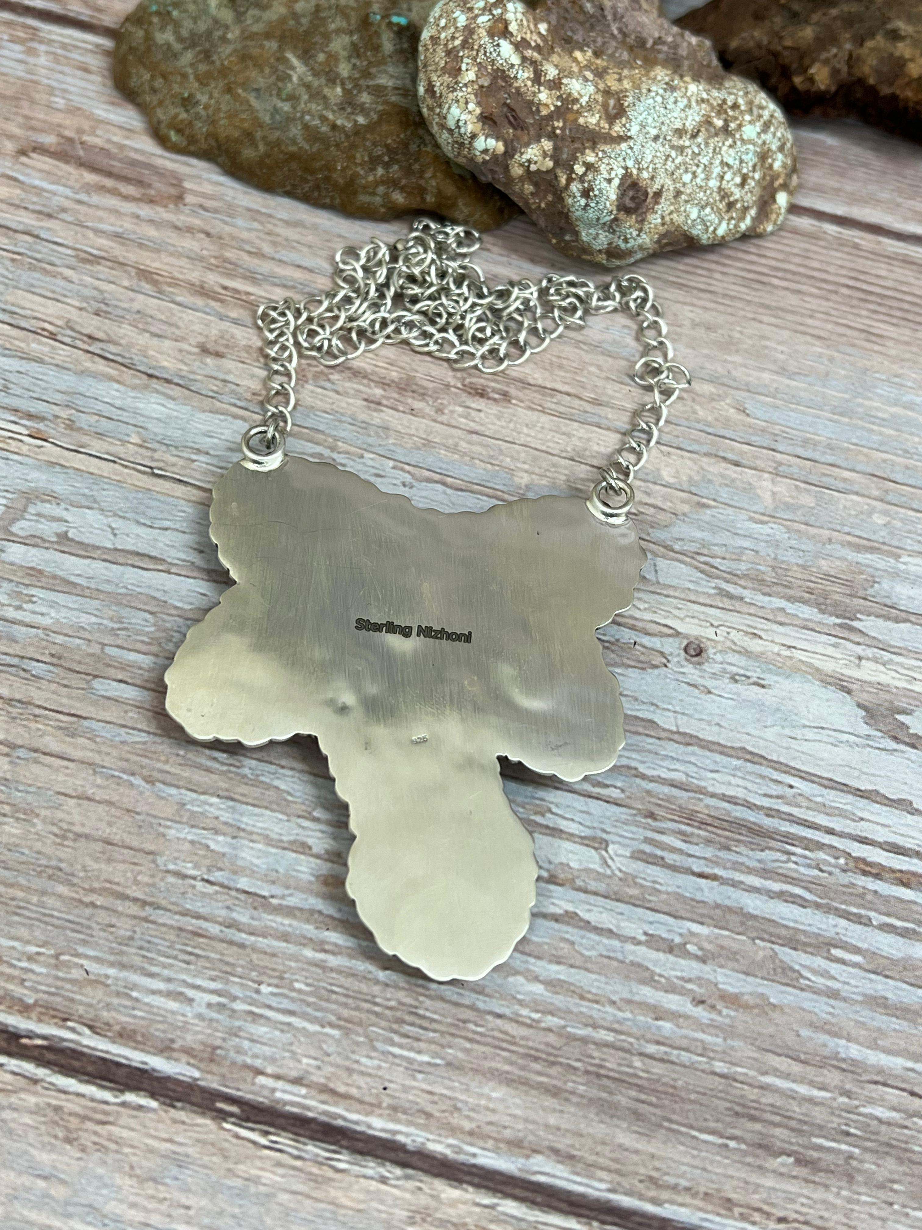 Handmade Sterling Silver Old Stock Royston Turquoise Butterfly Necklace Signed Nizhoni