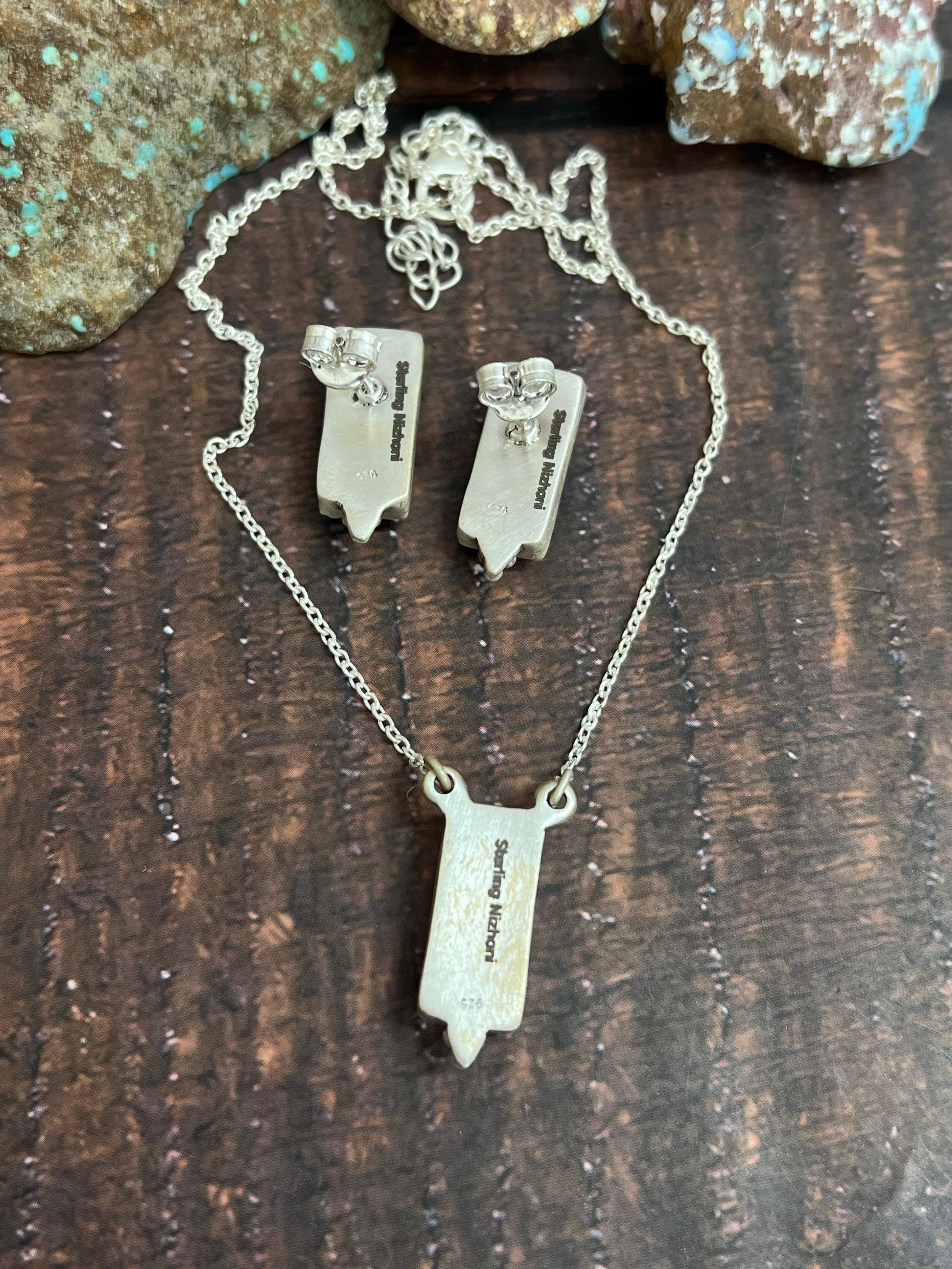 Handmade Sterling Silver Kingman Turquoise Necklace Earrings Set with Signed Nizhoni