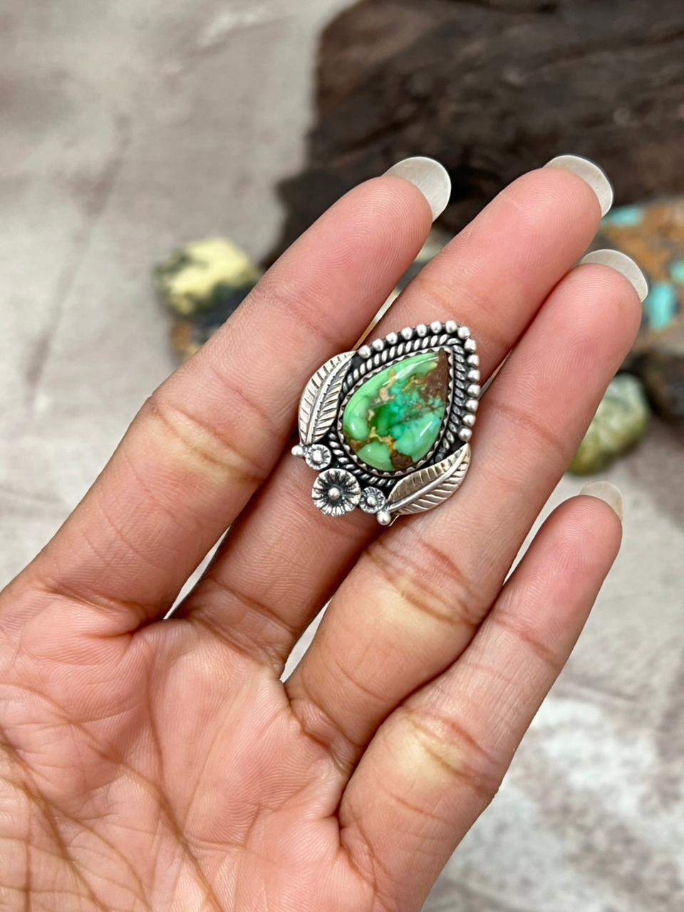 Handmade Sterling Silver Sonoran Mountain Turquoise Adjustable Ring "Signed Nizhoni"