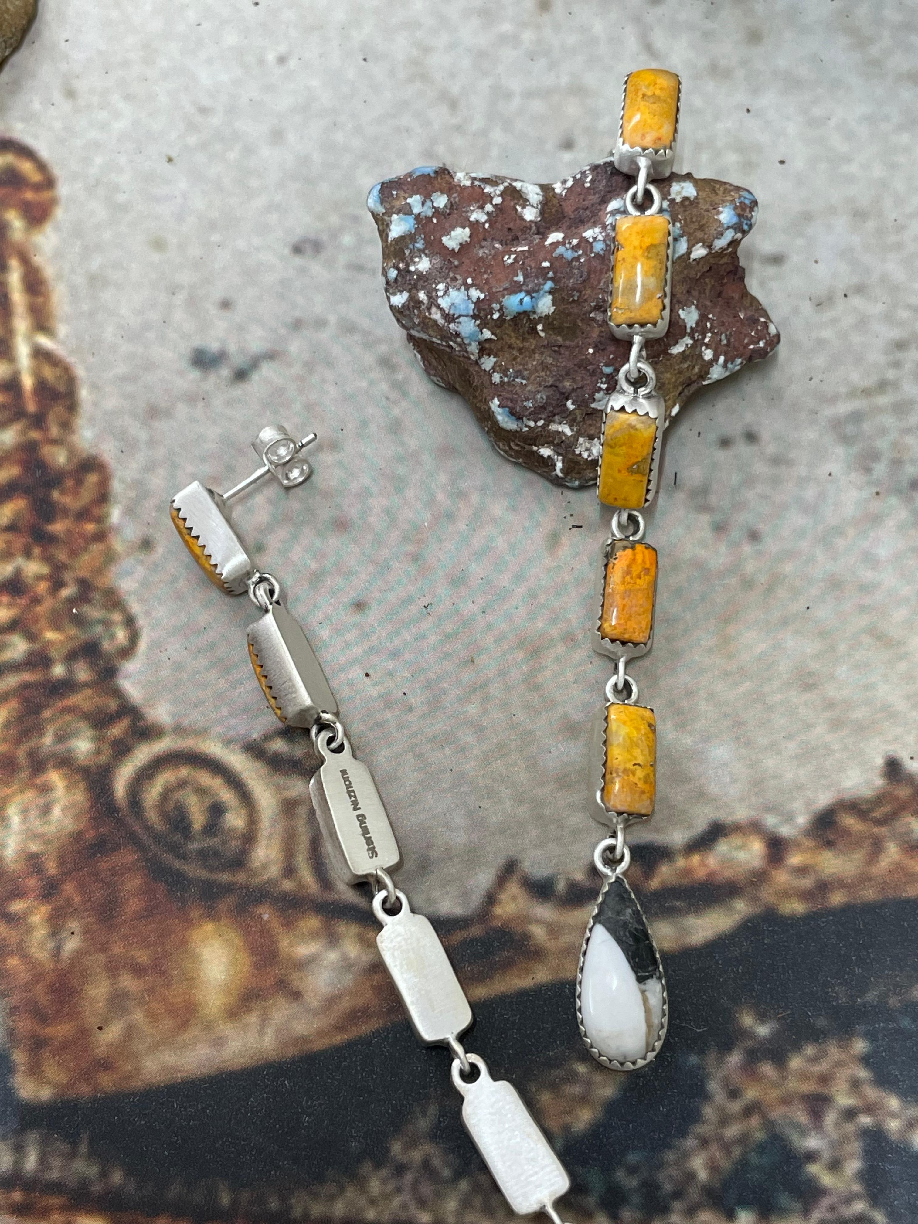 Handmade Sterling Silver White Buffalo, Bumblebee Post Dangle Earrings with Signed Nizhoni