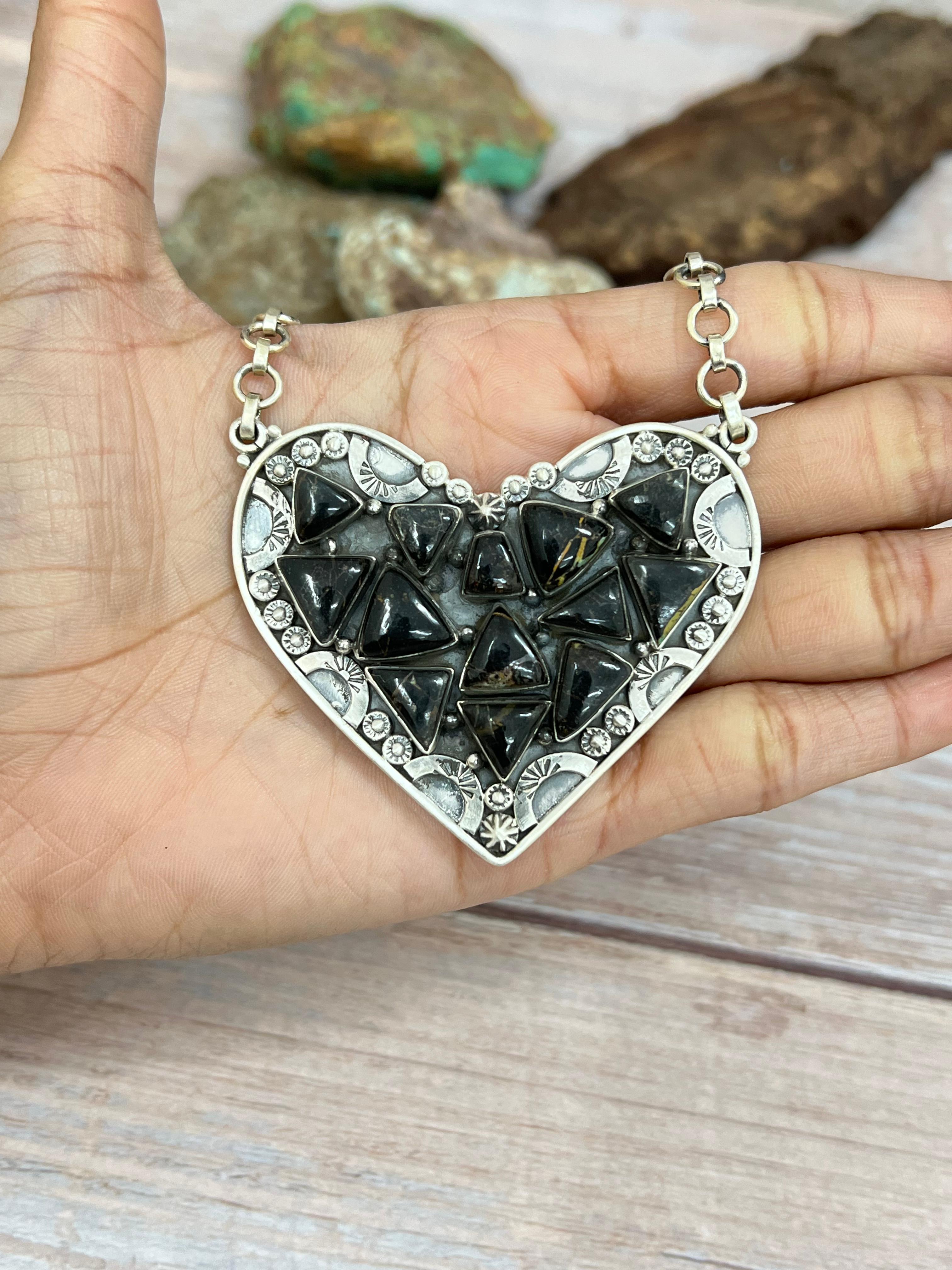 Handmade Sterling Silver Blackjack Turquoise Heart Necklace with Signed Nizhoni