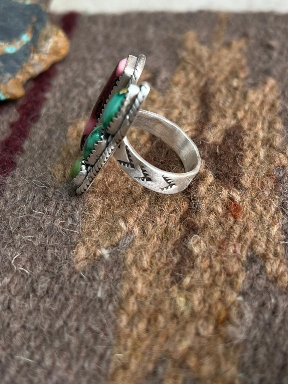 Handmade Sterling Silver Dahlia Rose With Emerald Valley Turquoise Ring "Signed Nizhoni"